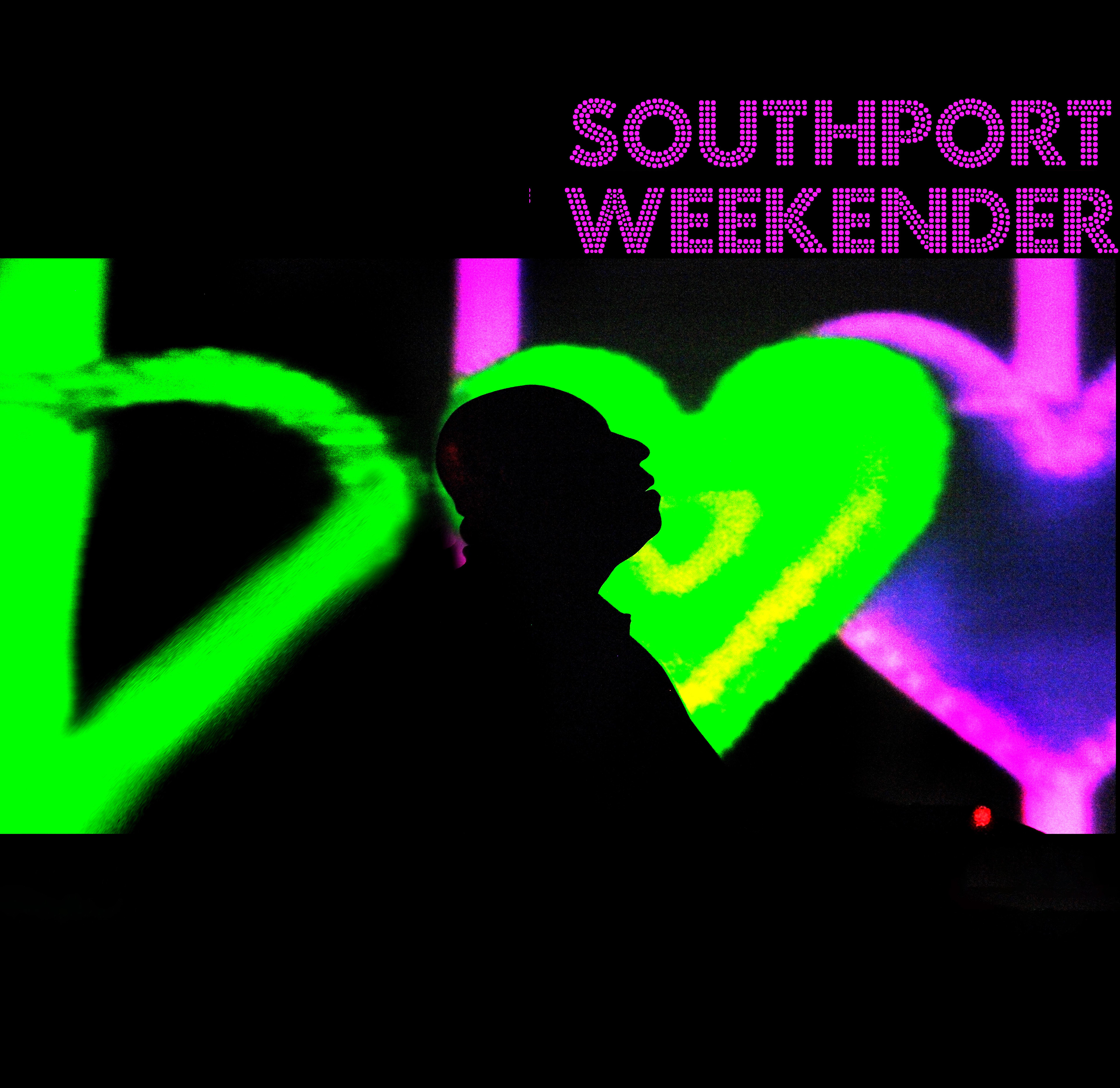 Silhouette of DJ Tony Humphries against vibrant green and purple heart shapes. Bold "Southport Weekender" text in purple, creating a lively, festive atmosphere.