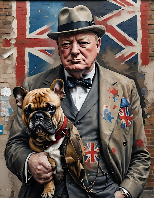 A stern Winston Churchill in a suit and bow tie holds a bulldog, standing in front of a graffiti-style Union Jack flag. The scene evokes a strong, patriotic tone.