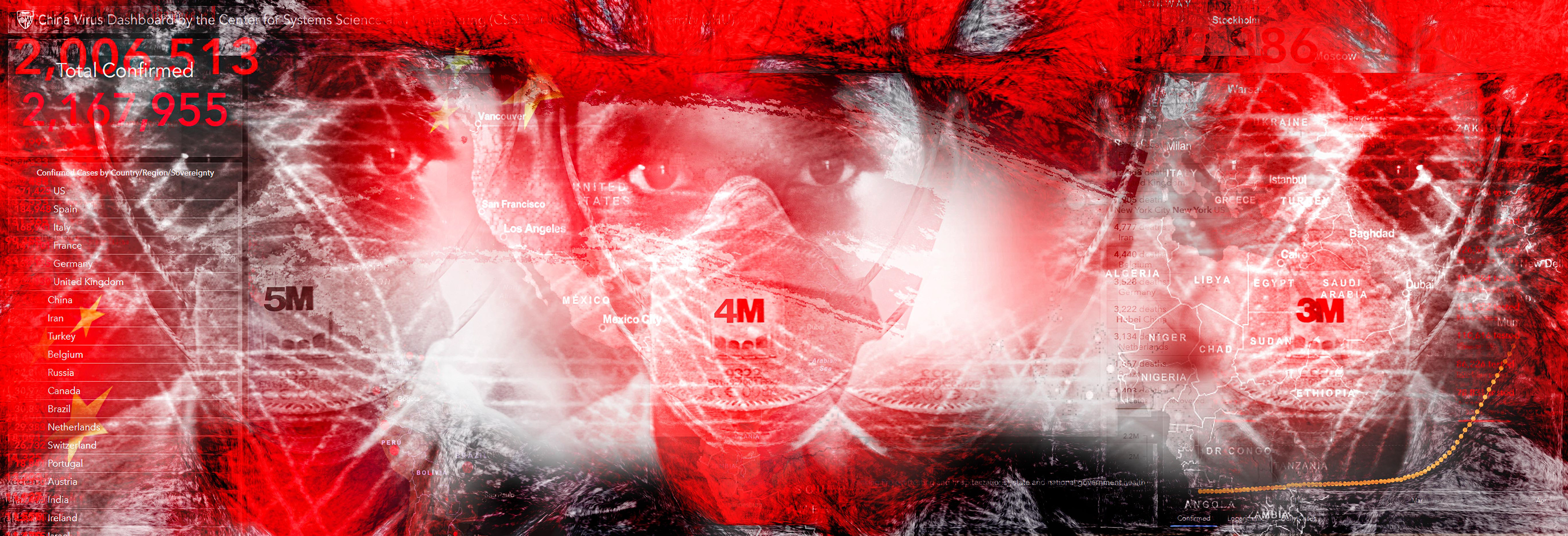 Red-toned graphic showing a masked face, COVID-19 statistics, and a world map. Text and data overlay convey urgency and global pandemic impact.