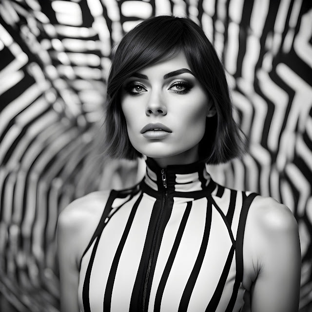 Monochrome photo of a woman in a striped top with a high collar. Her short hair complements the abstract background of wavy black and white lines.