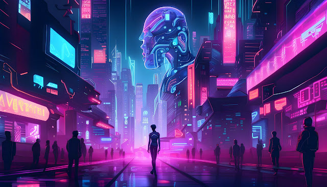 Futuristic cityscape with neon lights, towering buildings, and a large robotic head. Silhouetted people walk along a glowing pink road, creating a cyberpunk vibe.