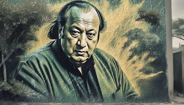Portrait of a man Nusrat Fateh Ali Khan with intense expression, set against a dramatic, textured sky with swirling clouds. The tone is mysterious and contemplative.