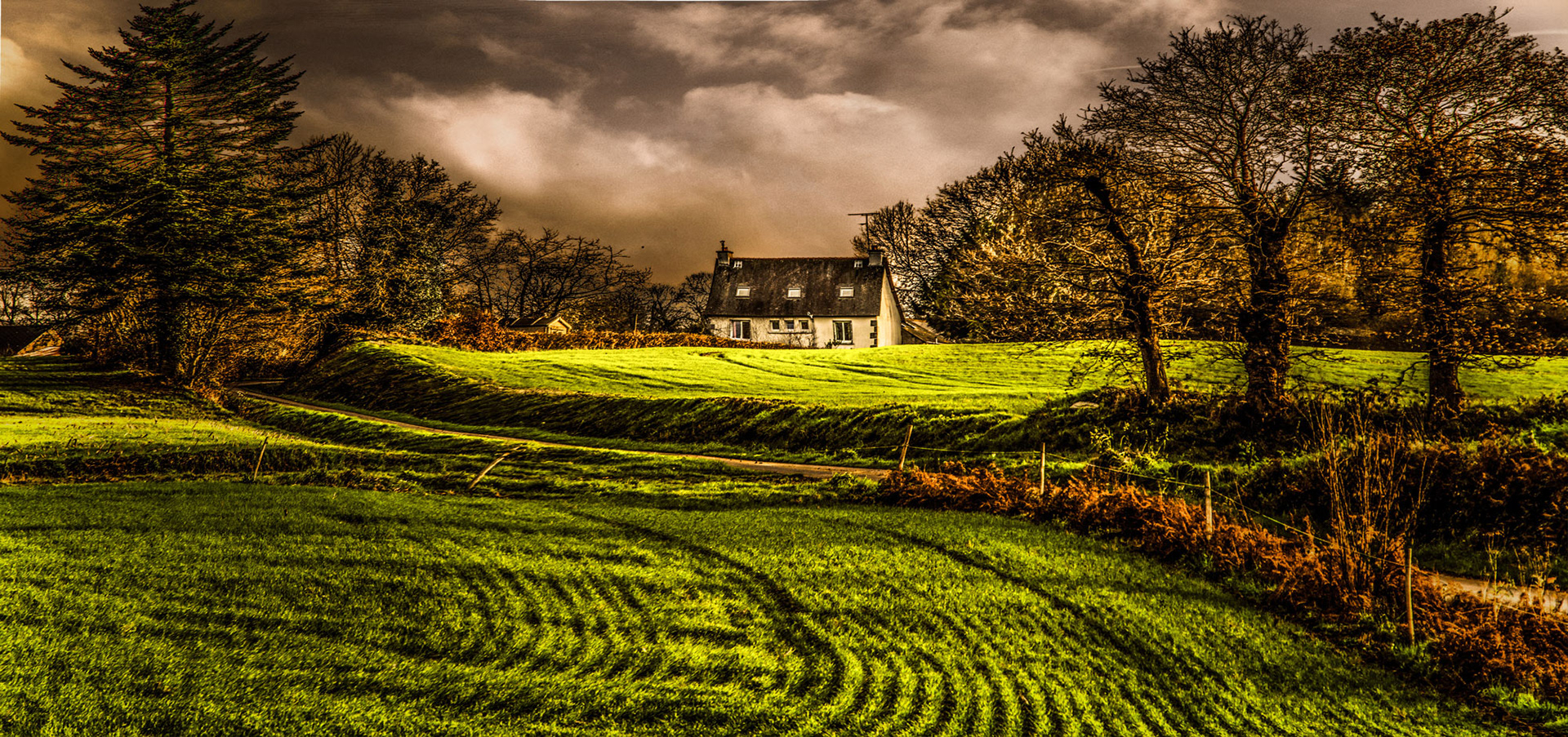 A serene rural scene with a quaint house surrounded by lush green fields and bare trees under a dramatic, cloudy sky, evoking a peaceful autumn mood.