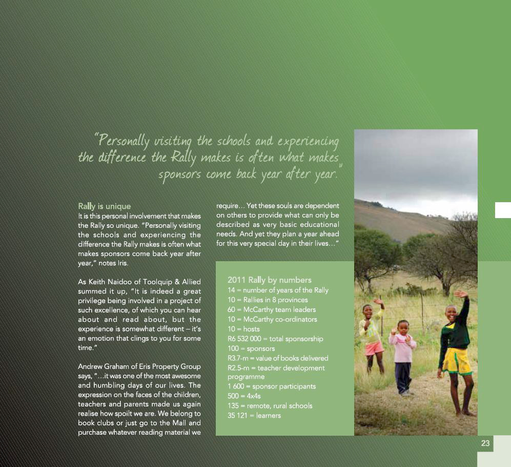 Inspirational quotes about the impact of visiting schools through a rally are shown on the left against a green background. "2011 Rally by numbers" data highlights participation and sponsorship details. On the right, three smiling children wave in a rural setting, conveying joy and the positive impact of the rally on local communities.