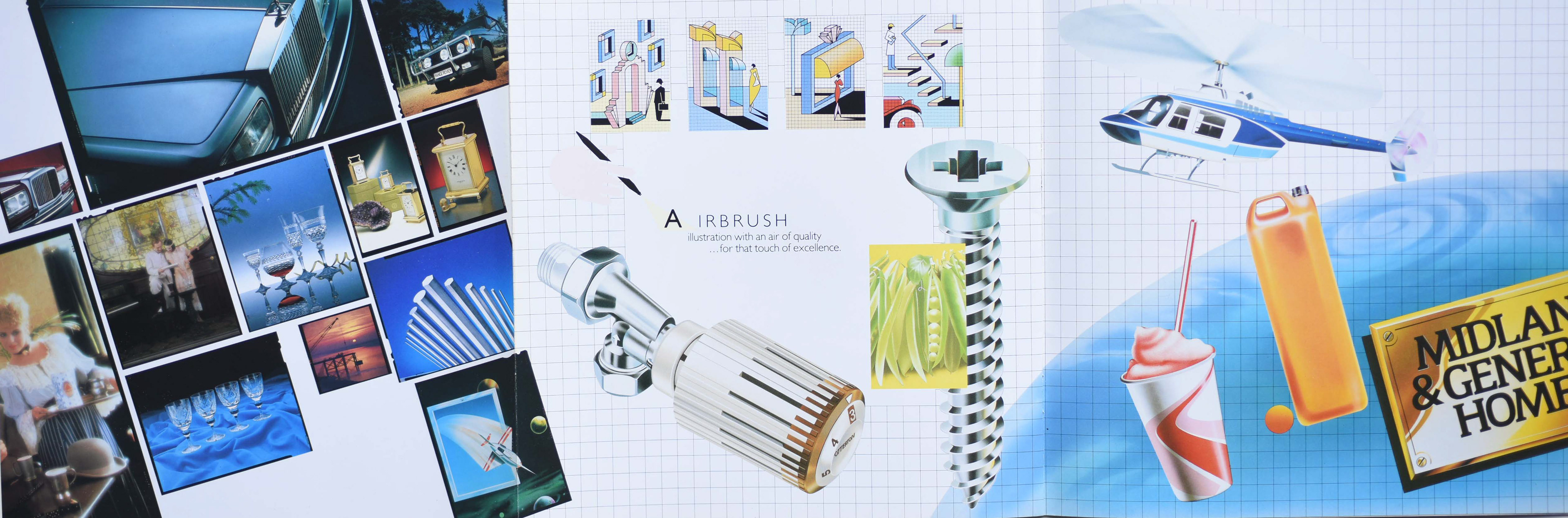 Collage of images on grid paper, featuring luxury cars, clocks, drinks, a helicopter, and an airbrush. Futuristic and stylish tone.