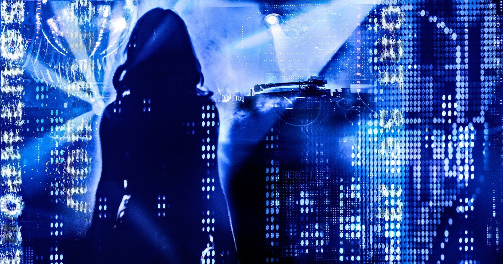 Silhouette of a person in a vibrant blue-lit nightclub, with abstract patterns, light beams, and a DJ booth in the background, creating a dynamic, energetic atmosphere.