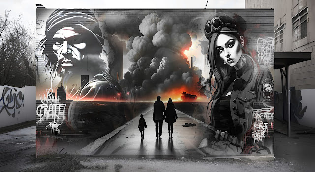Street art depicts a dramatic scene with a family walking toward a fiery, smoky horizon. Urban murals of intense faces surround them, evoking tension and survival.