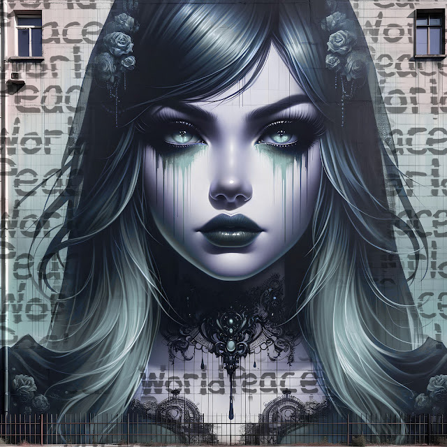 A gothic-style digital painting of a woman with long silver hair and intense eyes. Dark makeup streaks down her face, conveying a haunting elegance.