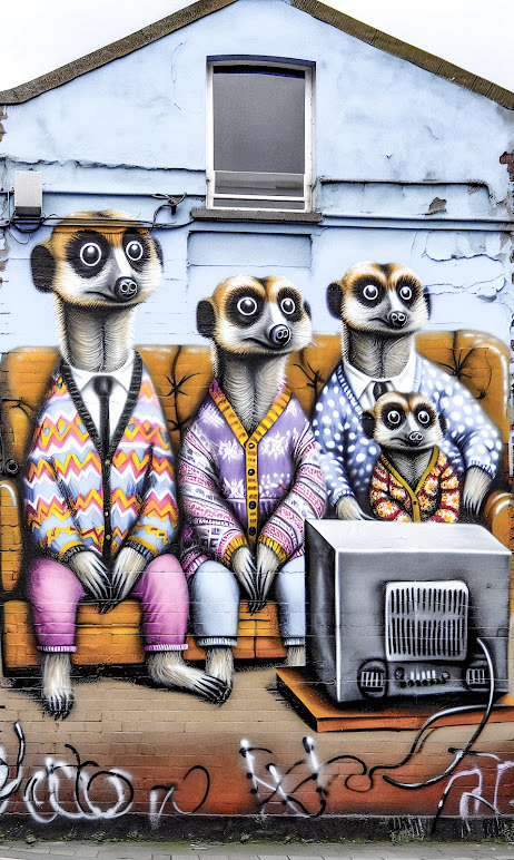 Street art mural of four meerkats dressed in colorful sweaters watching TV on a couch. The scene is humorous and whimsical, with vibrant colors.