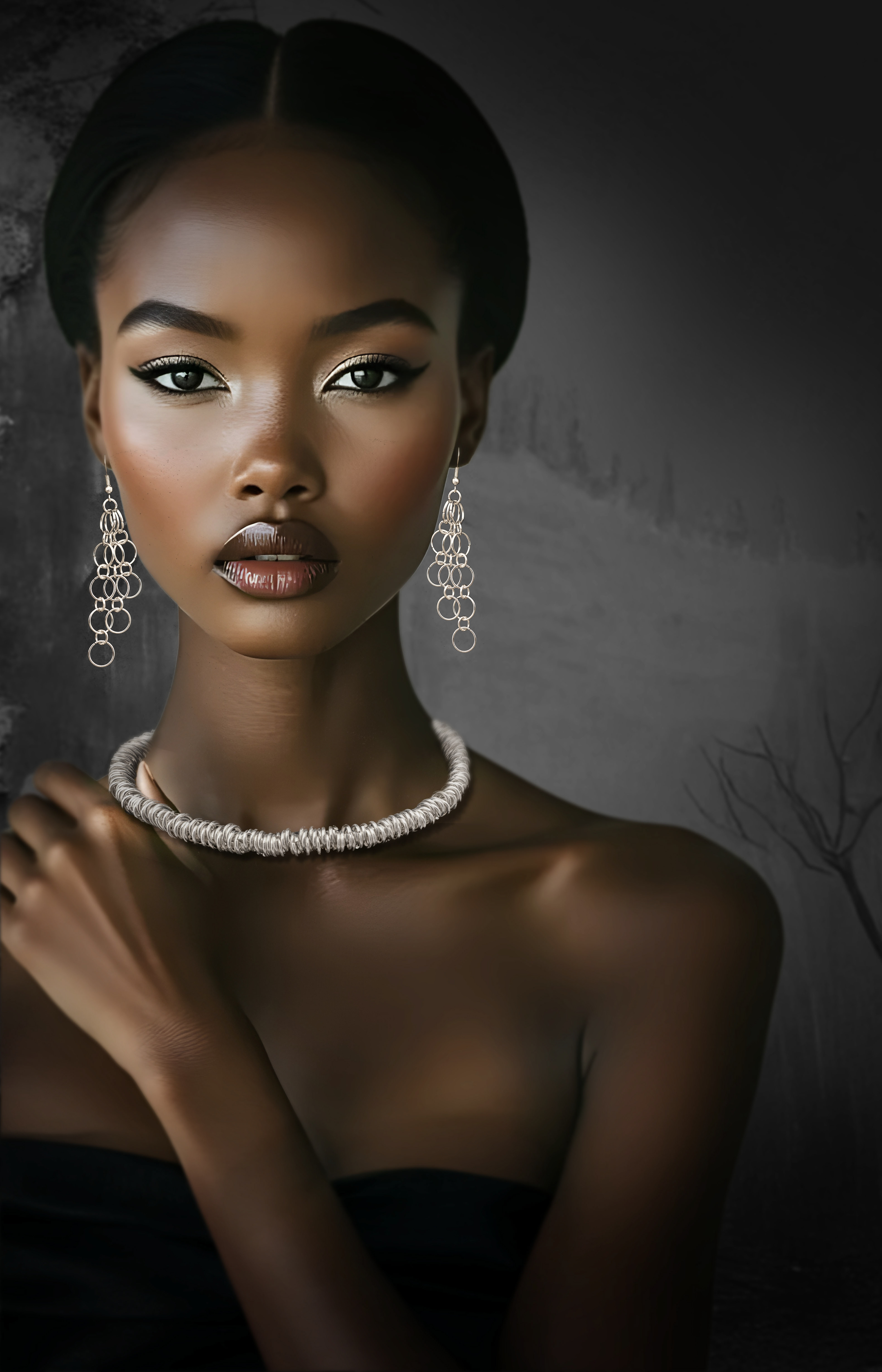 ai model Styled silver earrings necklace jewellery – Birmingham product photography