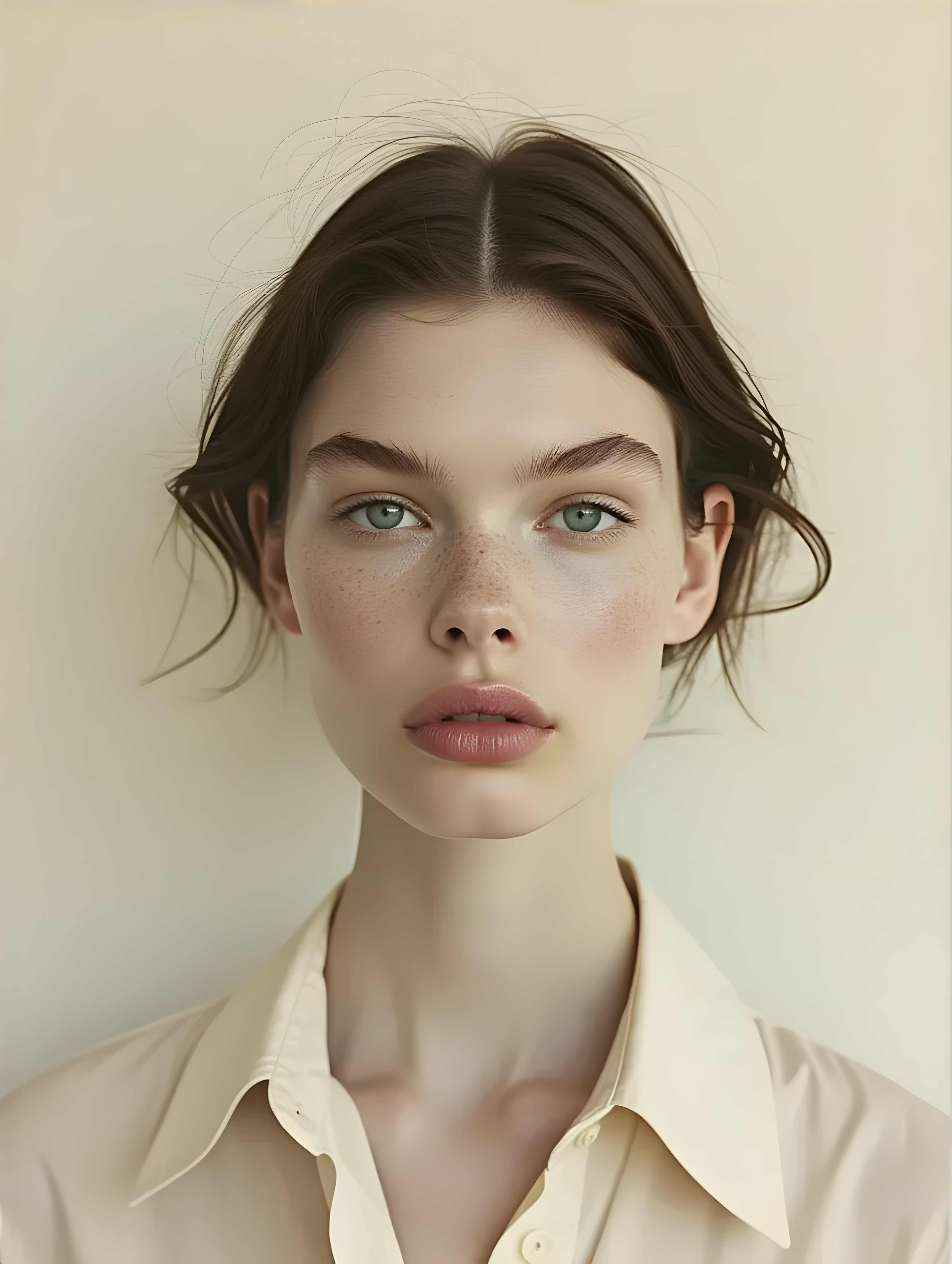 AI Close-up of a person with fair skin and freckles across their nose and cheeks. They have full lips, green eyes, and an expressionless face, conveying calmness.