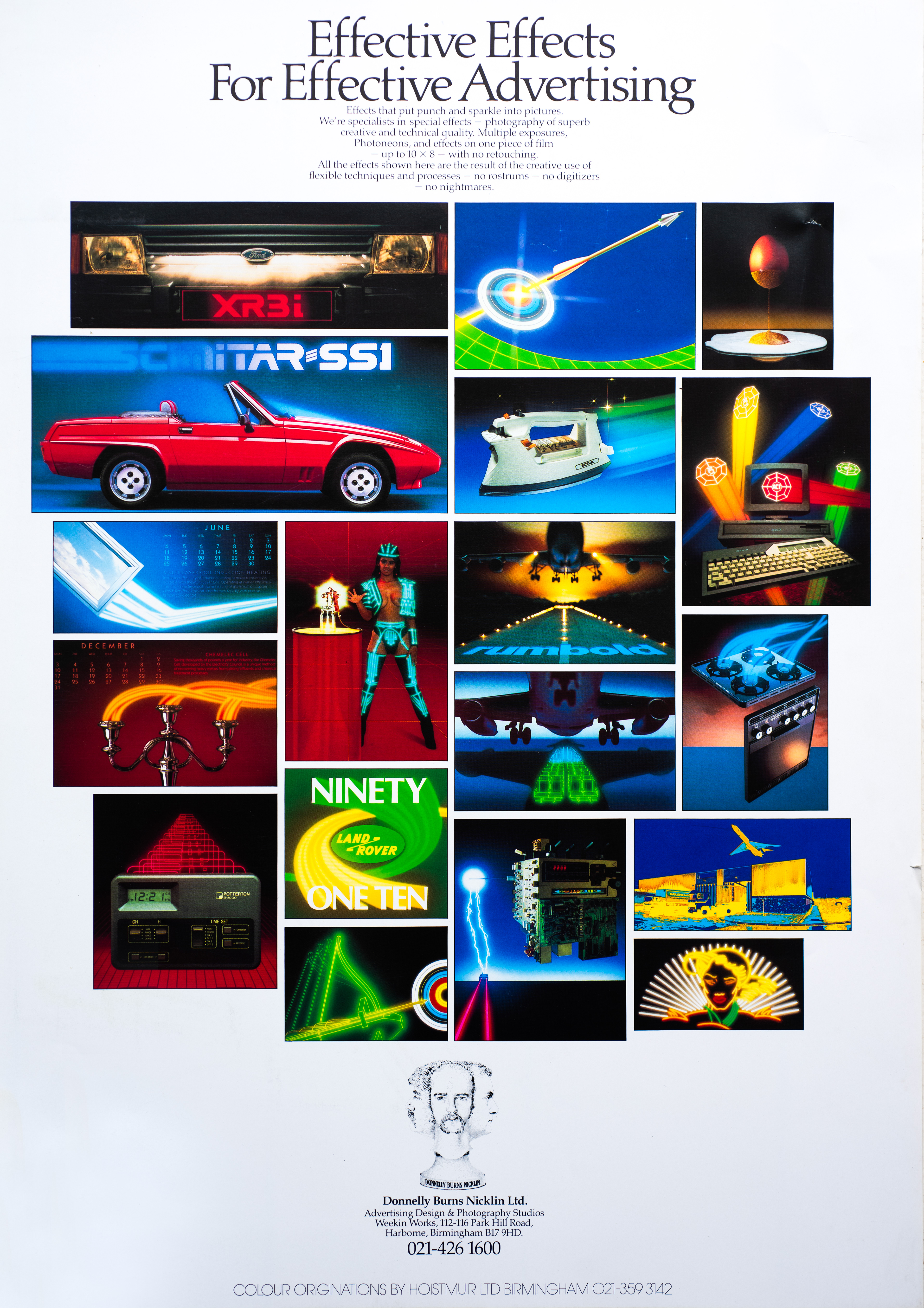 Collage of vibrant images showcasing diverse advertising effects. Includes cars, technology, neon graphics, and dynamic designs. Promotes creativity and innovation. Donnelly Burns Nicklin