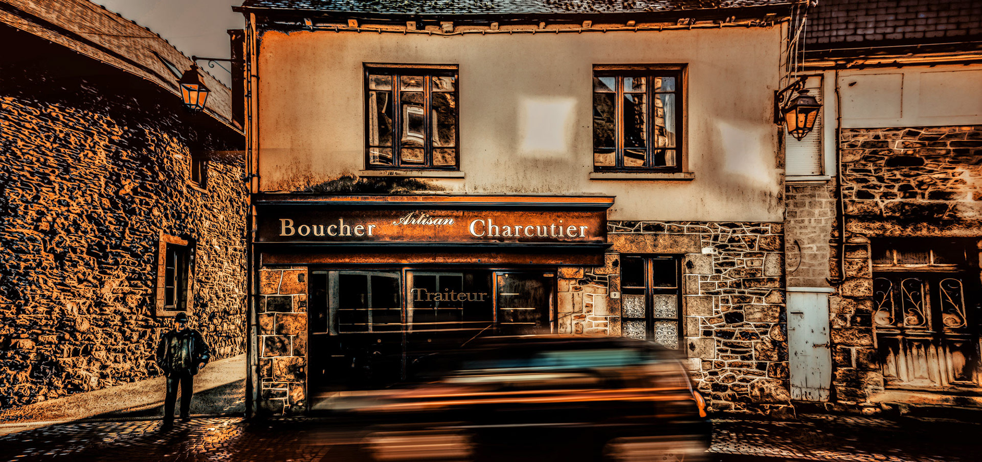 Old-world charm, this vintage butcher shopfront with weathered stone facade, warm lighting, and a blurred passing car evokes nostalgia and motion.