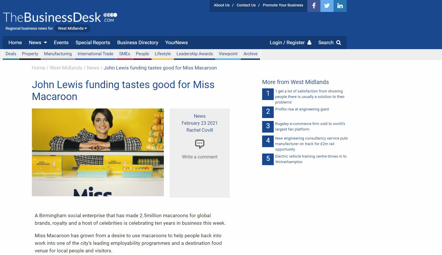 A woman in a chequered shirt smiles behind a counter with colourful boxes and stacks of macarons. Text above reads, “John Lewis funding tastes good for Miss Macaroon.”