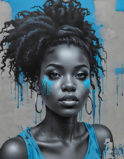 A digital artwork of a woman with an afro hairstyle, wearing hoop earrings. Blue paint drips beside her eyes and onto her shirt, against a gray background.