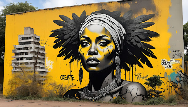 Bright mural on a yellow wall shows a woman with a headscarf and feathered headdress. The words “Create” are written below. Tone: bold and empowering.