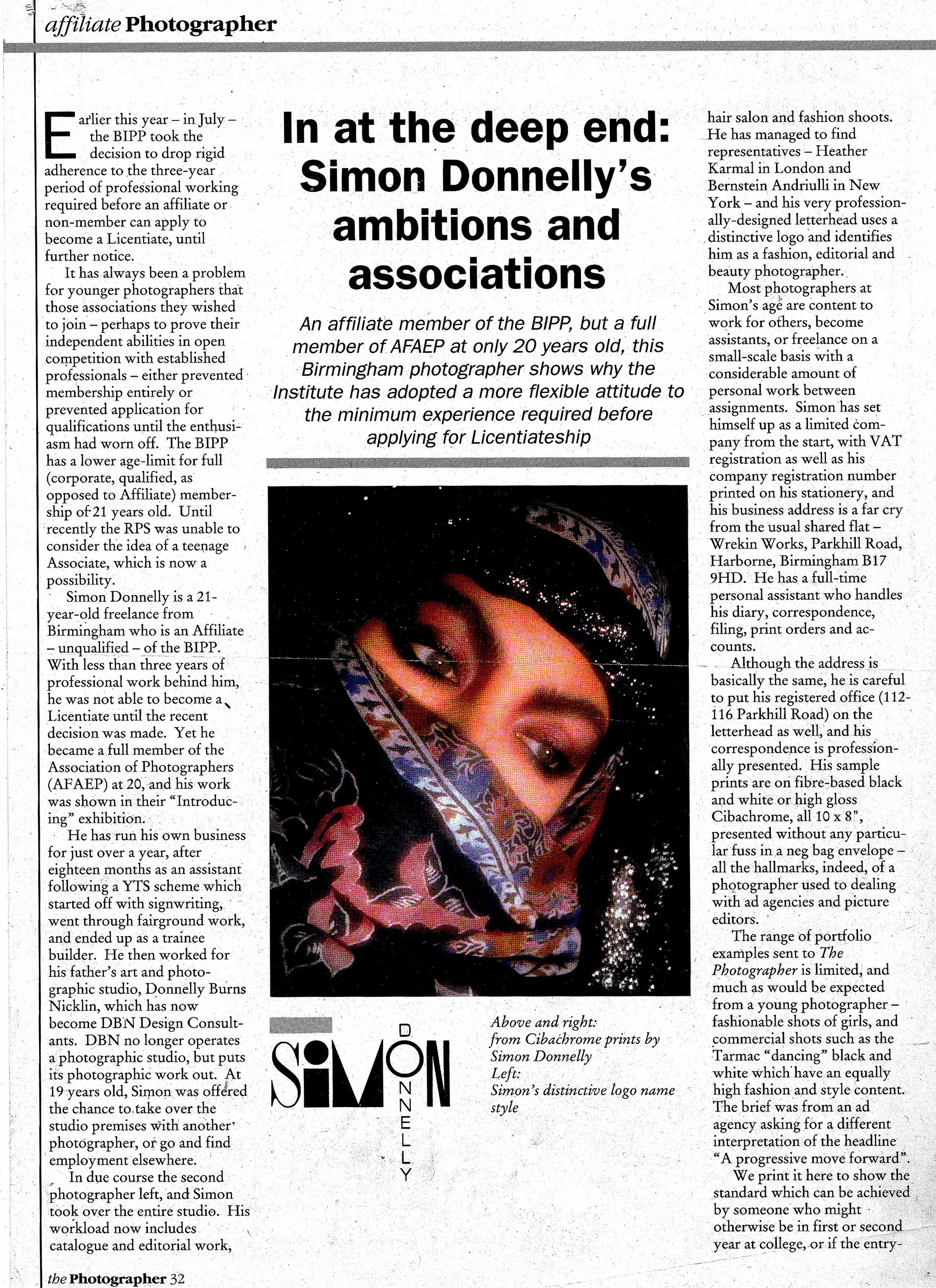 Portrait of a person with eyes partially covered by a patterned scarf. The text discusses Simon Donnelly's photography career and achievements.