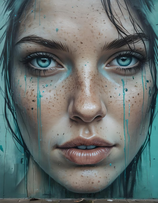 A hyper-realistic close-up of a woman's face with blue eyes, freckles, and wet hair. Blue paint drips down her skin, evoking a serene, artistic mood.