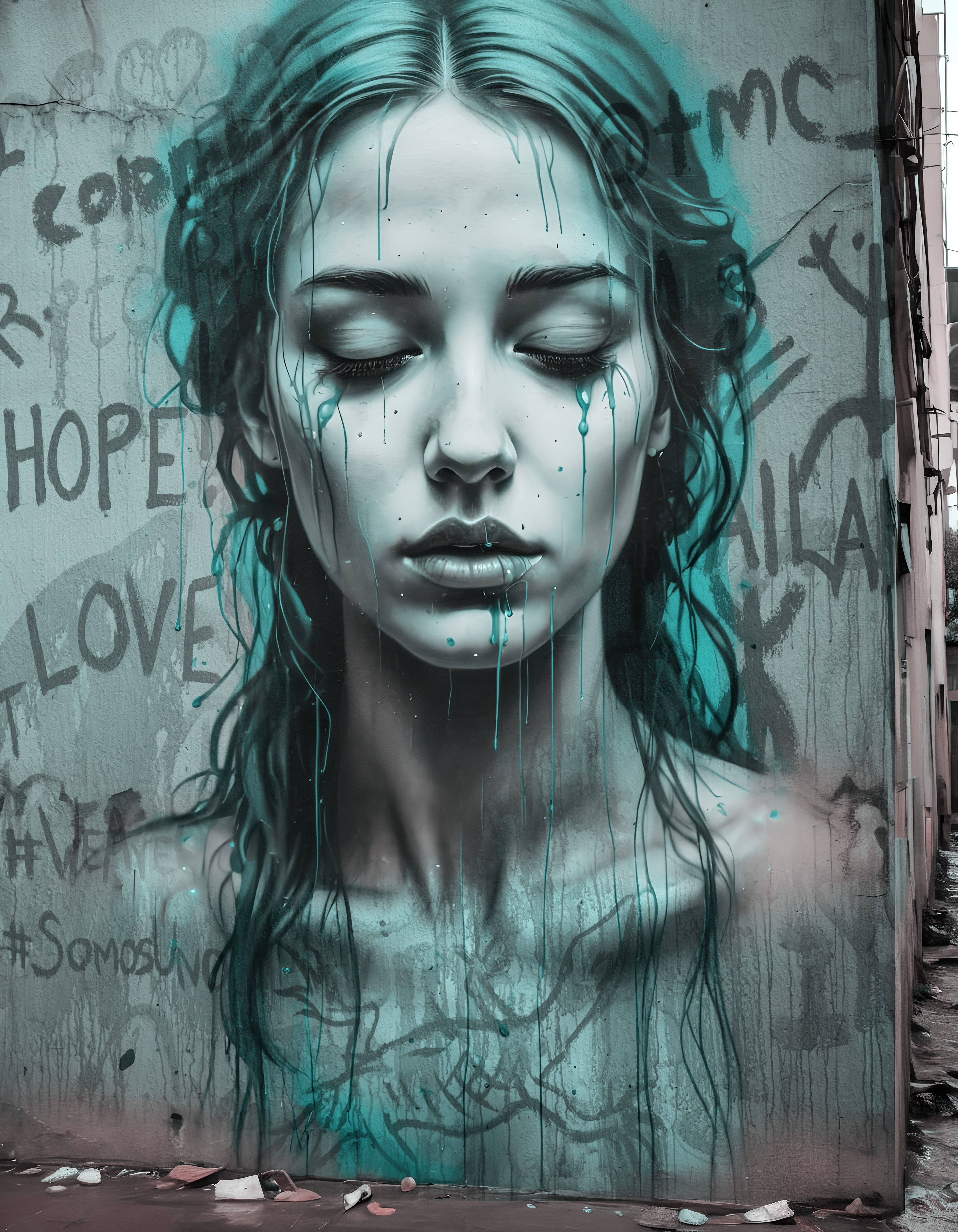 Street art depicts a woman with closed eyes, blue tears merging into her hair. Words like "hope" and "love" are graffitied around her, conveying a sense of melancholy and beauty.