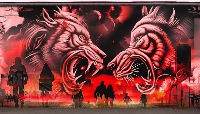 Street art depicts two aggressive red wolves facing each other, surrounded by shadows of people in a fiery urban landscape, evoking tension and power.