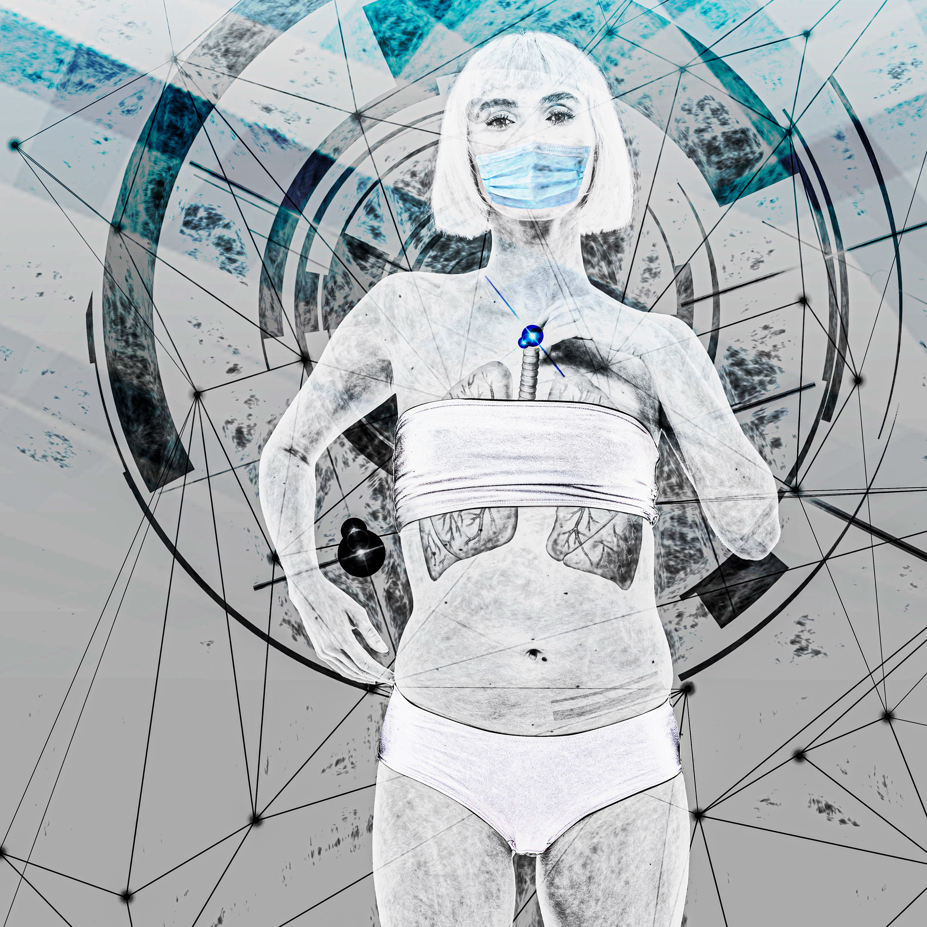 Surreal image of a person in a face mask with visible lungs, a sword handle on the chest, and abstract geometric background, conveying a futuristic theme.