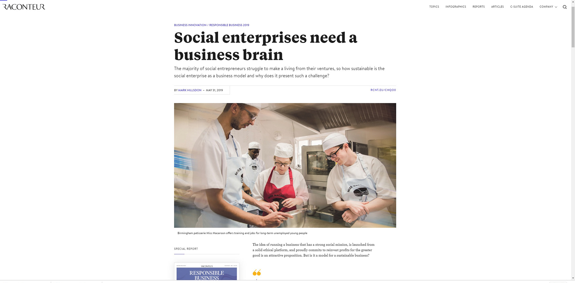 Alt text: "An article titled 'Social enterprises need a business brain' with an image of bakers in aprons working together in a kitchen. The mood is collaborative."