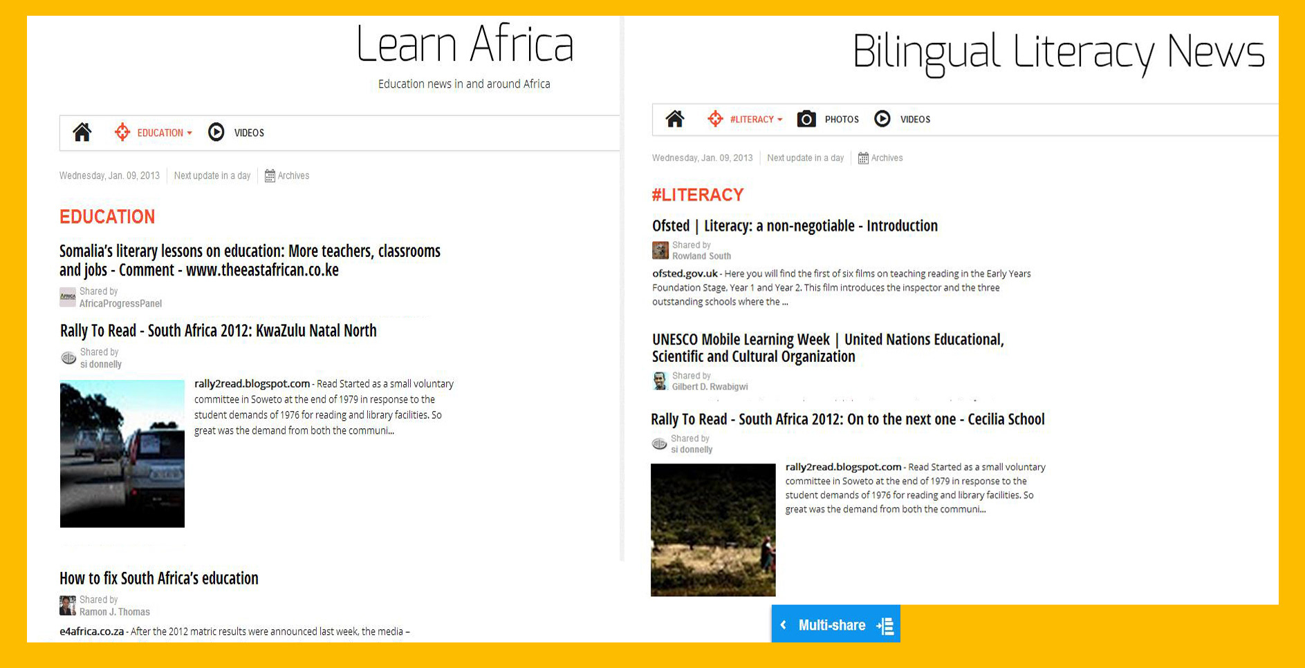 Split-screen image with "Learn Africa" on the left and "Bilingual Literacy News" on the right. Articles focus on education topics: Somalia's education, South African literacy, UNESCO, with a yellow border