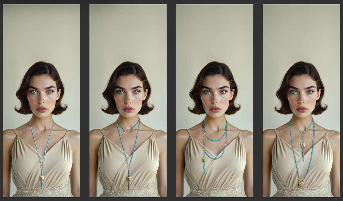 Four images show a woman with short brown hair in a beige dress, wearing turquoise necklaces.