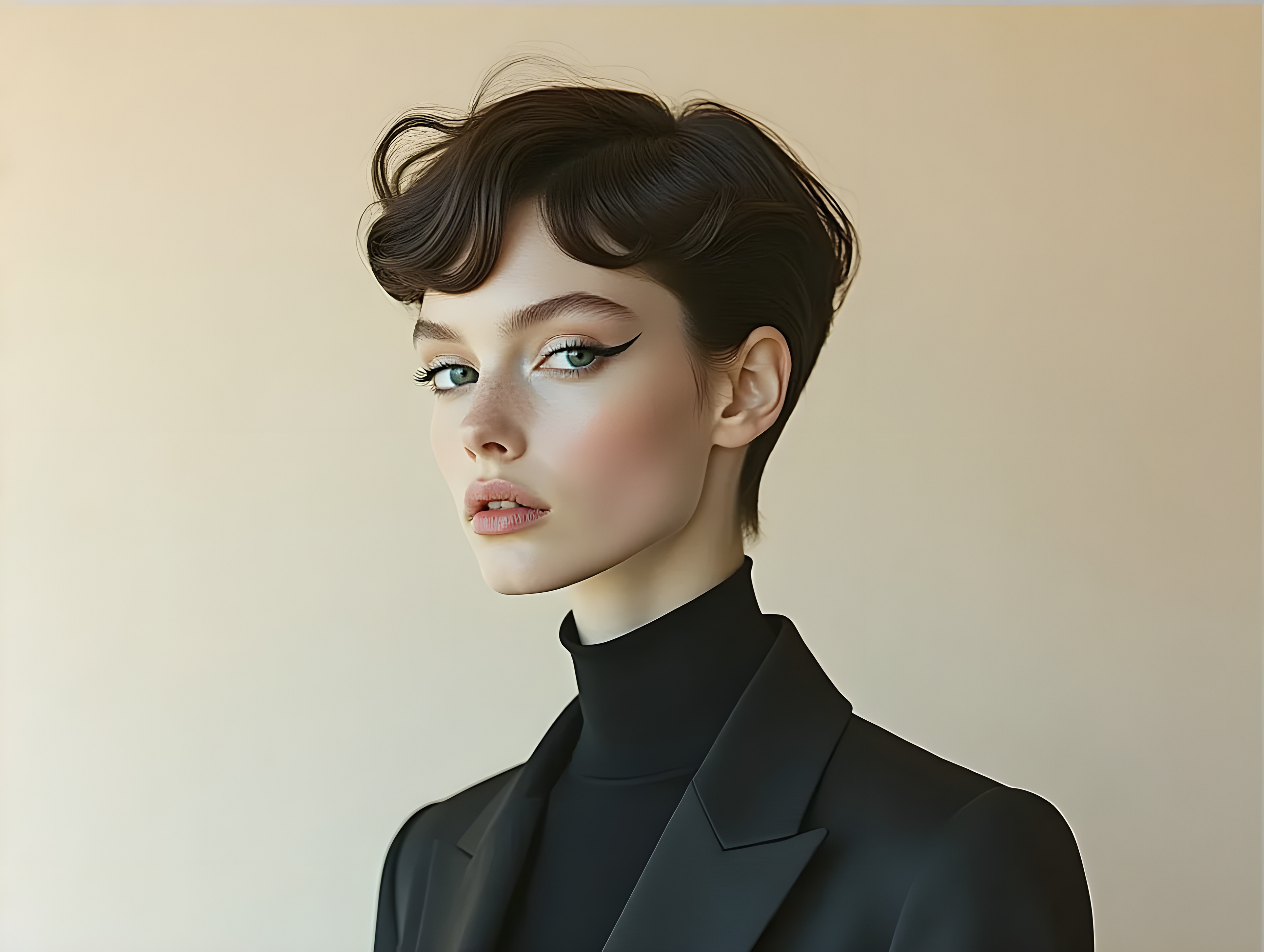 A person with short, dark hair and striking blue eyes gazes confidently. They have bold eyeliner and wear a black turtleneck and jacket. The expression is poised and elegant.