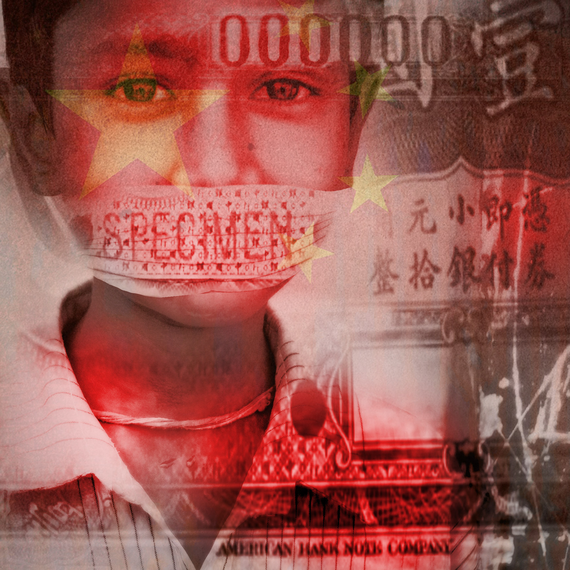 A young person with a red flag and Chinese writing overlaid on their face. "Specimen" is written across their mouth. The tone is serious and evocative.