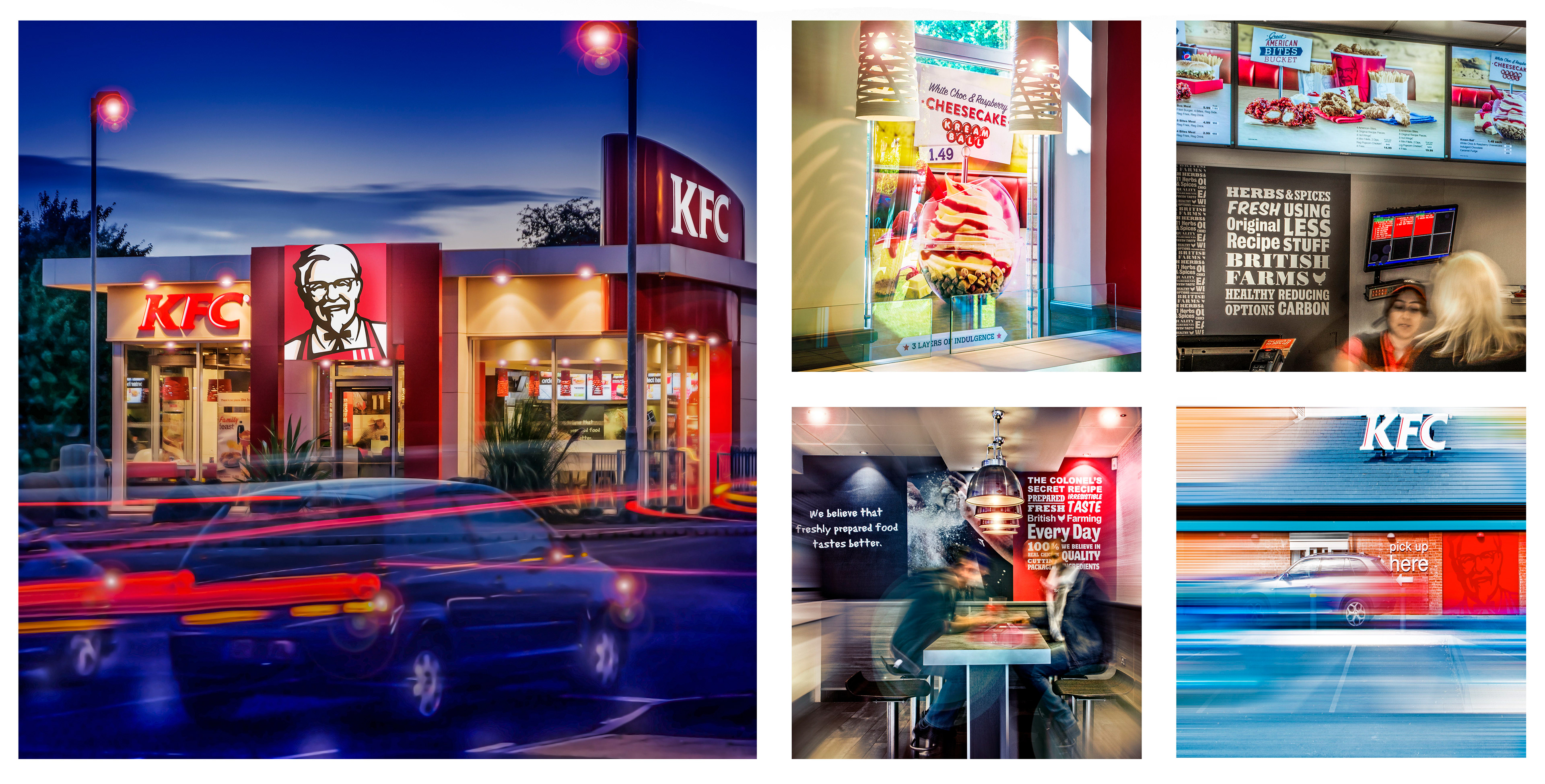 Collage of KFC images: A brightly lit KFC restaurant exterior at dusk, an appetizing dessert promo, menu boards, customer service, and a fast-paced pickup area.