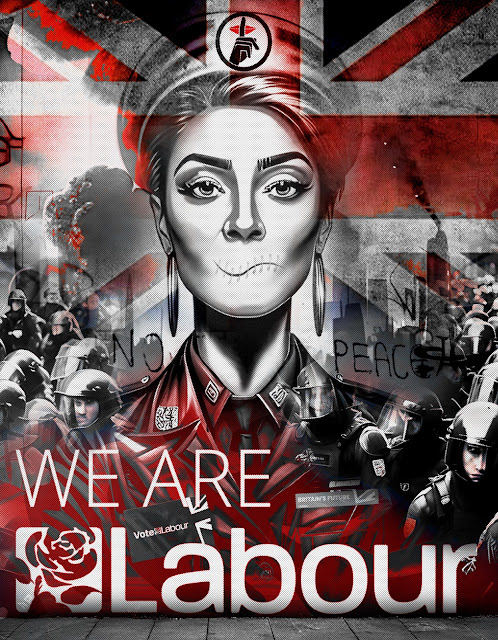 Stylized image with a solemn woman's face resembling a skeleton, set against a British flag. Riot police, "We Are Labour," and "Vote Labour" text appear. Protest theme.