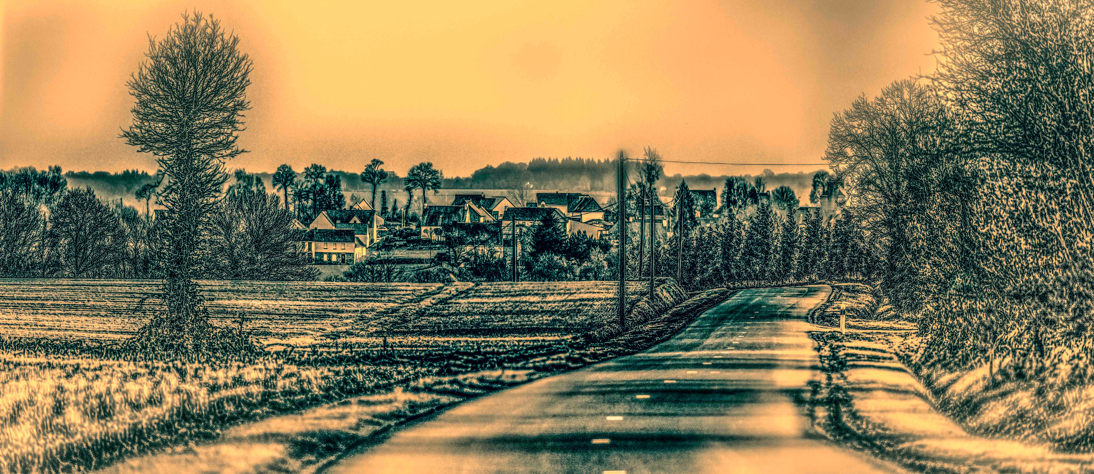 A sepia-toned image of a country road leading to a distant village, surrounded by fields and trees. The scene feels nostalgic and tranquil.