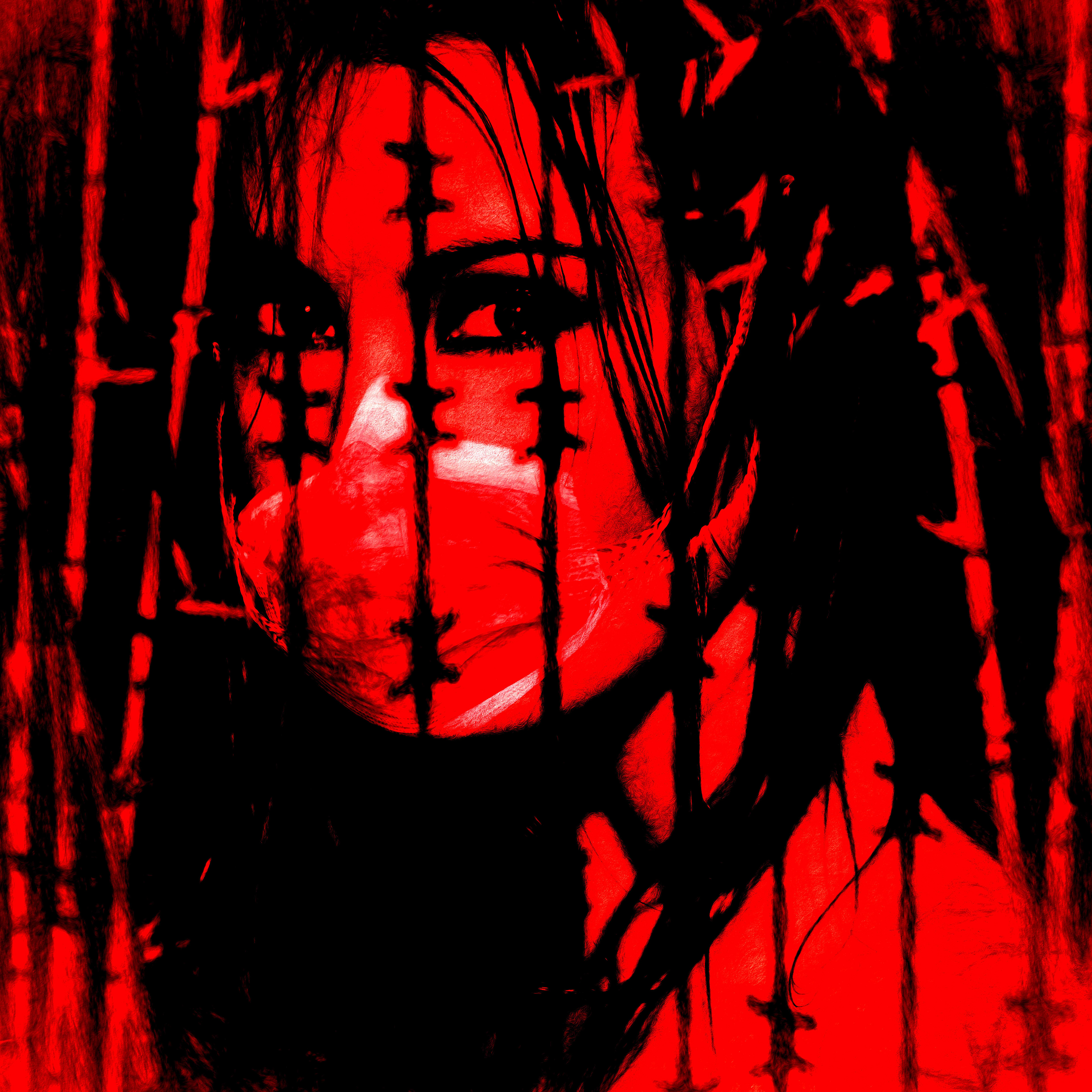 A woman's face, mostly covered by a mask, is shown through red-tinted barbed wire. Her eyes express intensity, evoking a sense of confinement.