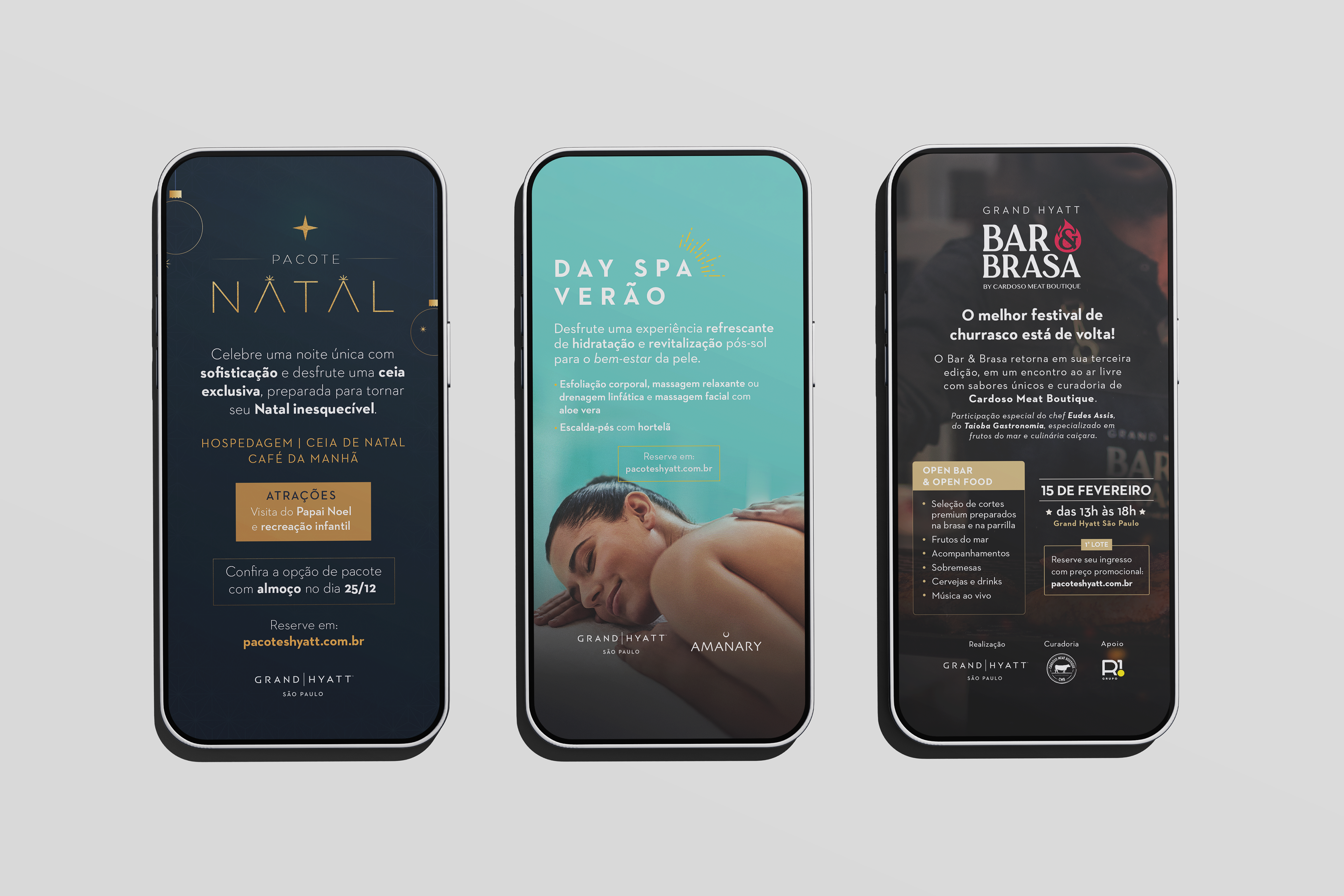 Cards para Whatsapp divulgando o pacote de Natal, o Day SPA de verão e o evento Bar & Brasa.