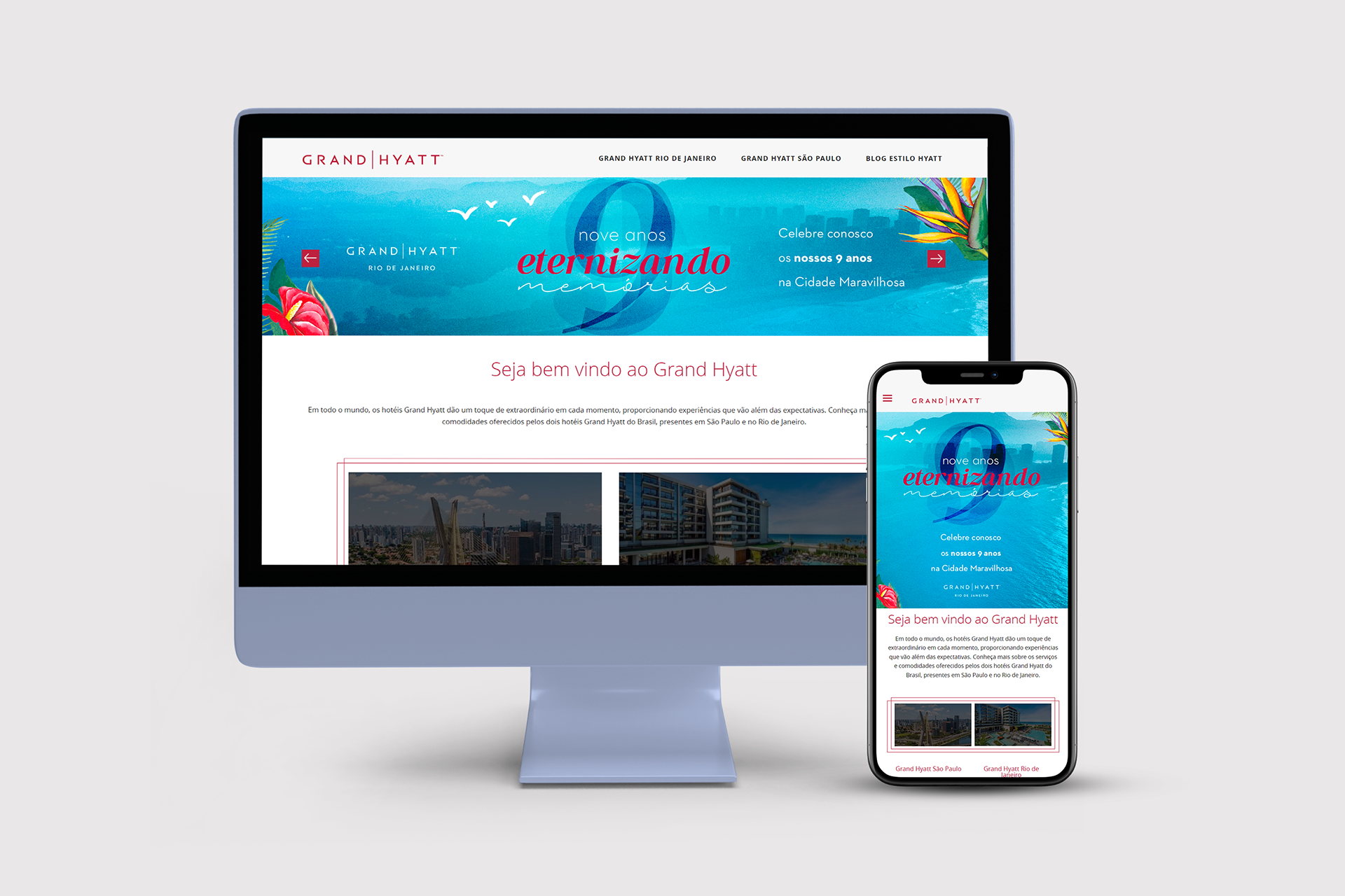Banners desktop e mobile para divulgação da campanha de 9 anos do hotel Grand Hyatt Rio de Janeiro.