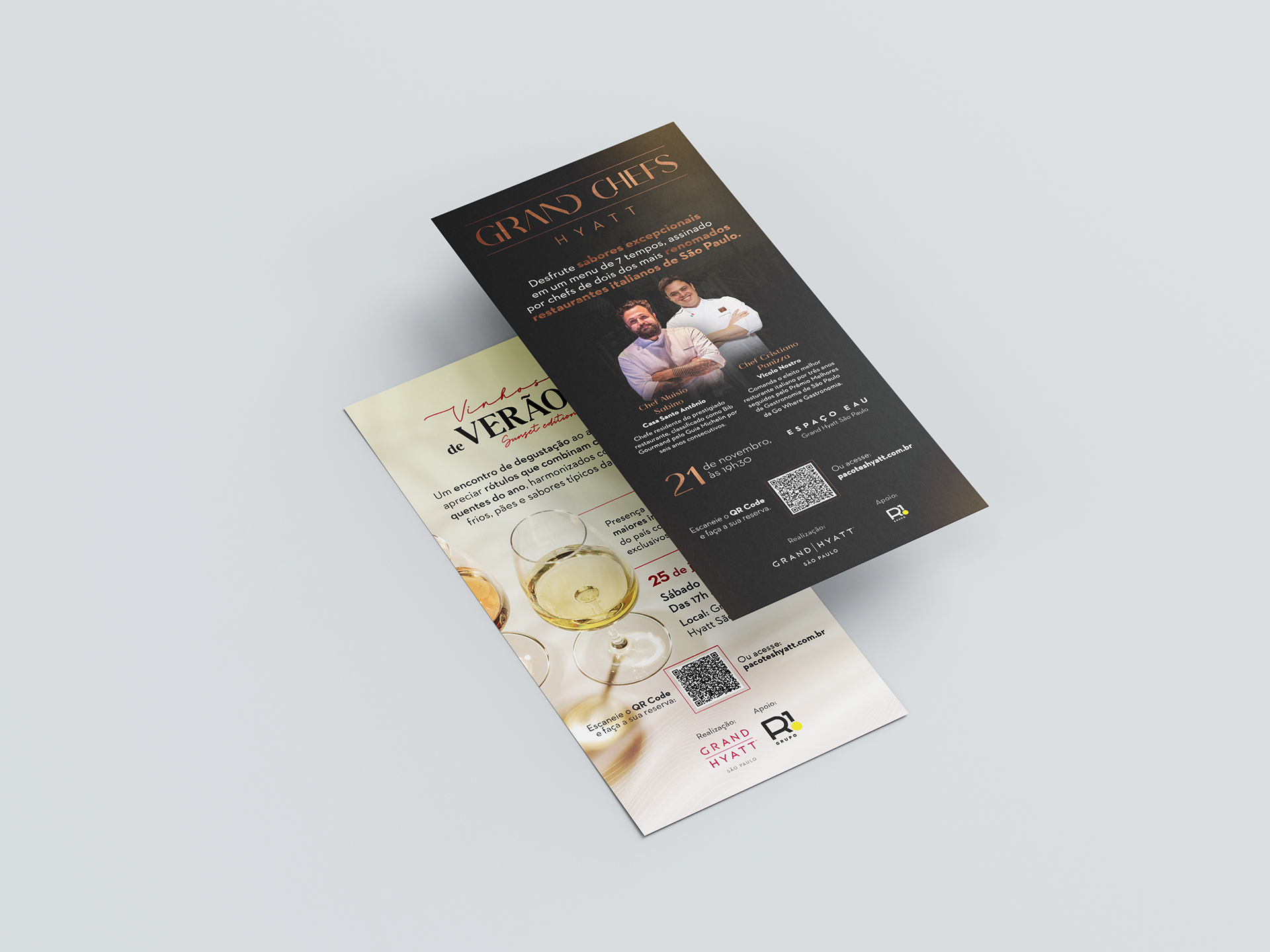 Flyers de divulgação dos eventos Wine Club e Grand Chefs.