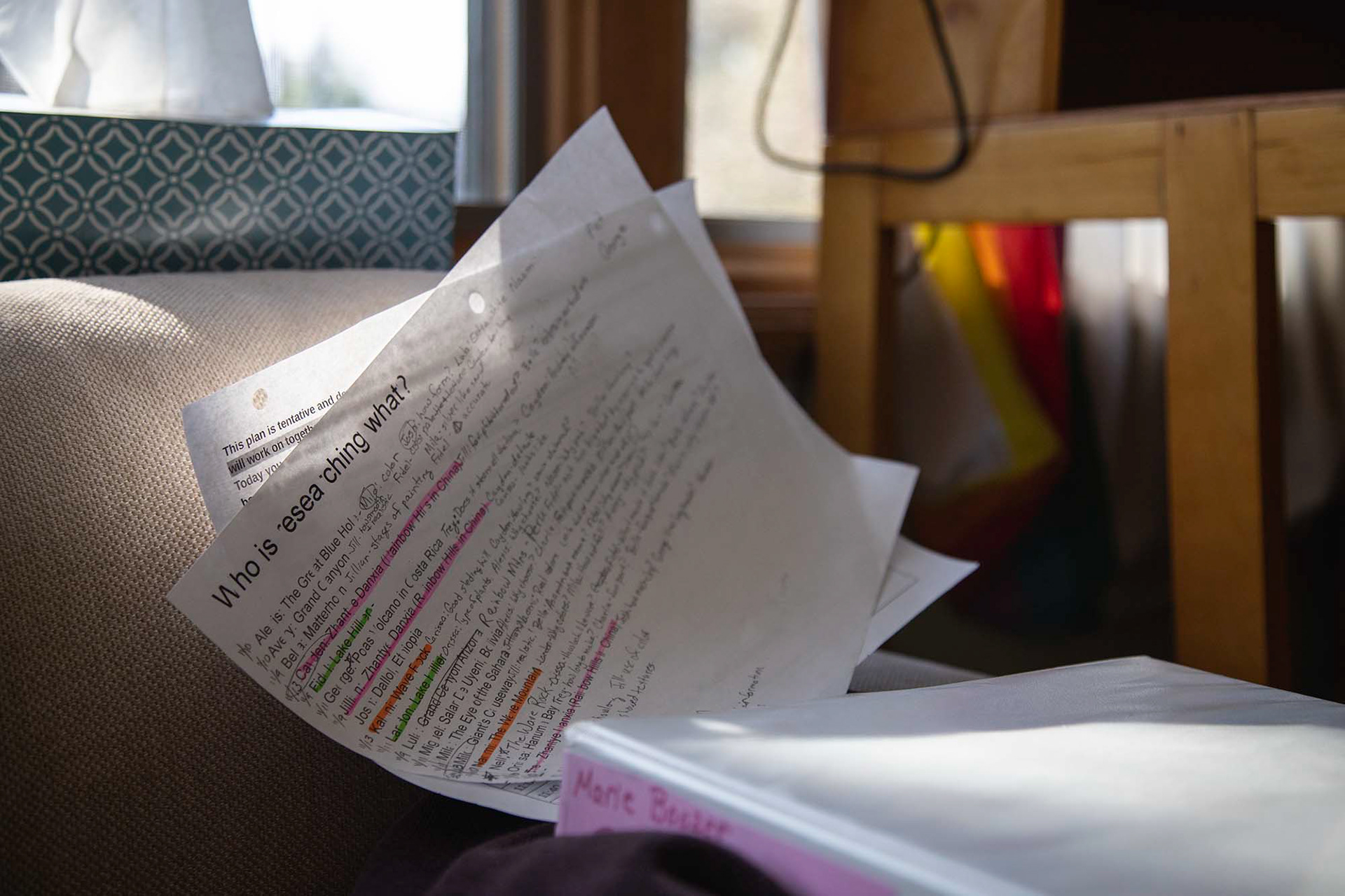 A piece of paper helps Marie Boozer keep track of which of her students are researching different topics for their projects. With a class of around 25, it is hard for Boozer to know off the top of her head which topic each student has picked.