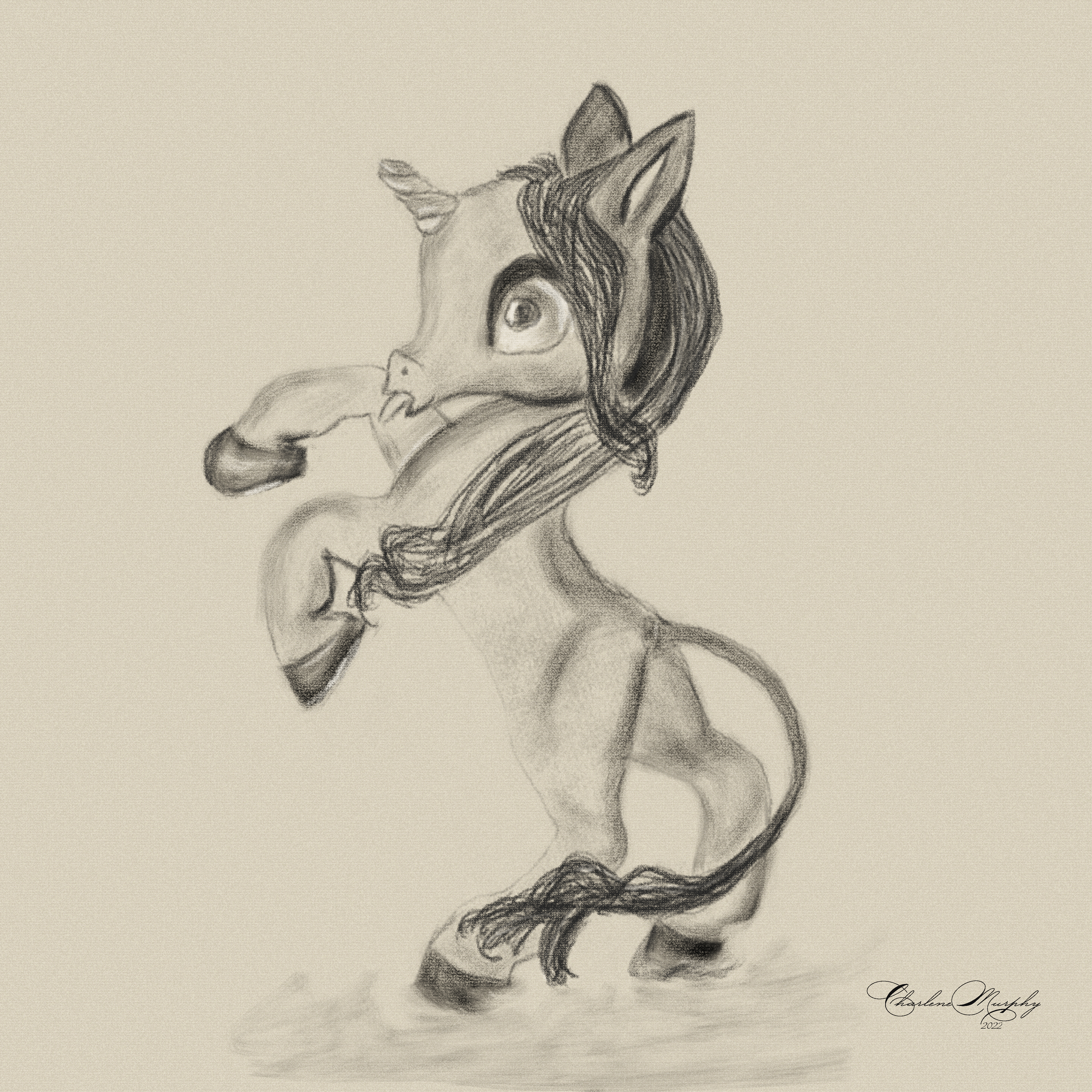 Baby Unicorn Rearing - charcoal drawing