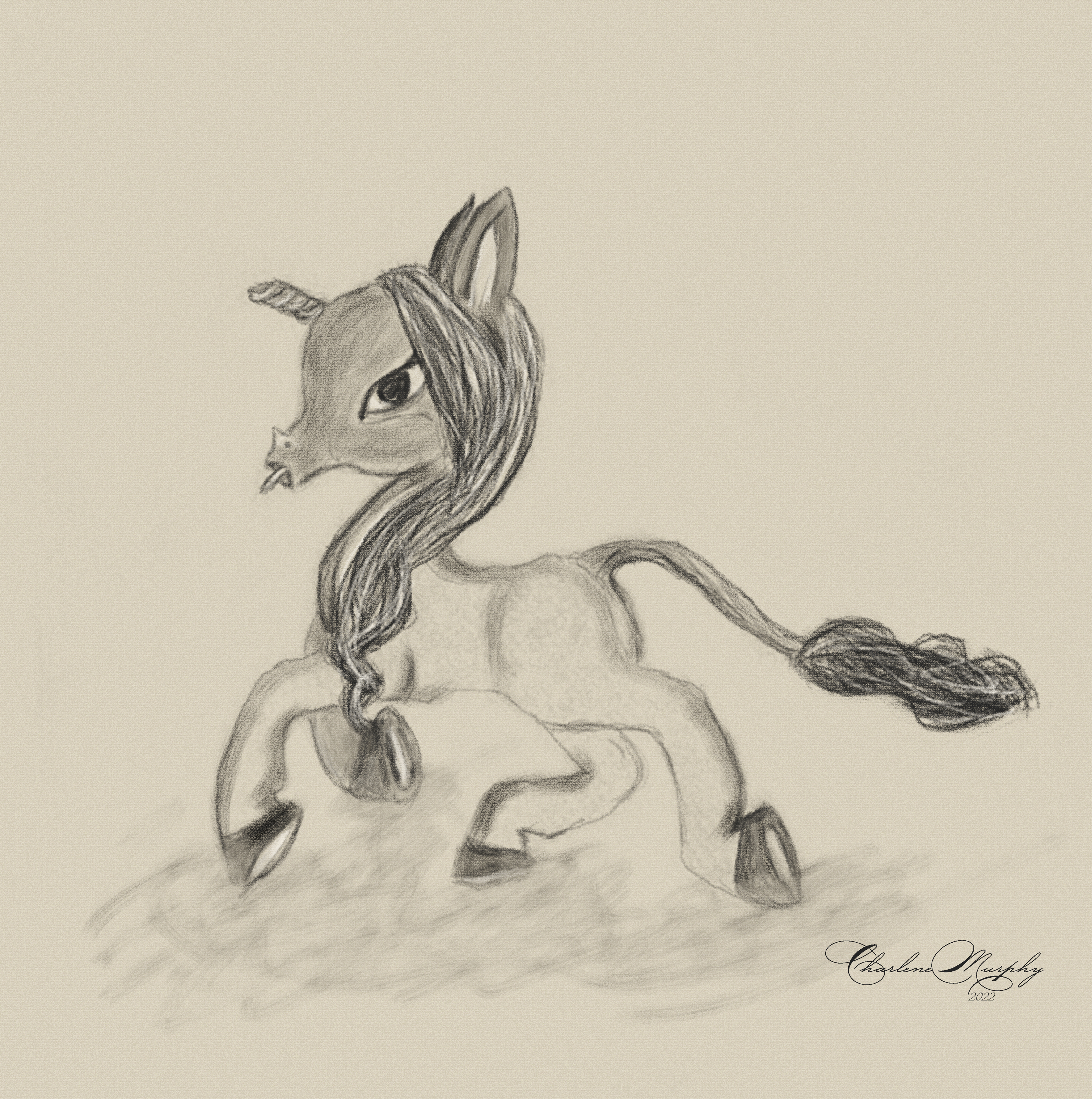 Baby Unicorn Prancing- charcoal drawing