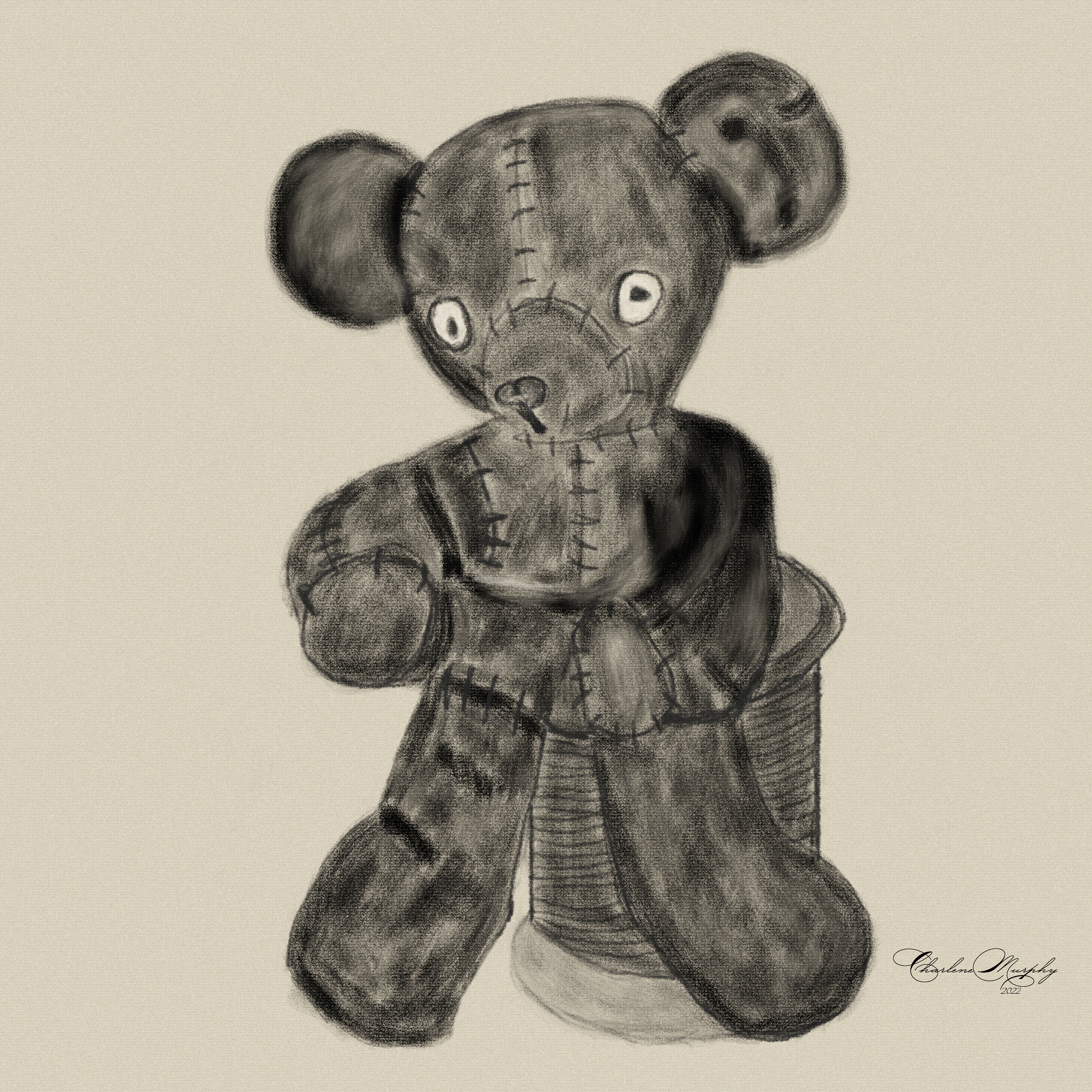 Teddy bear sitting on spool - charcoal drawing