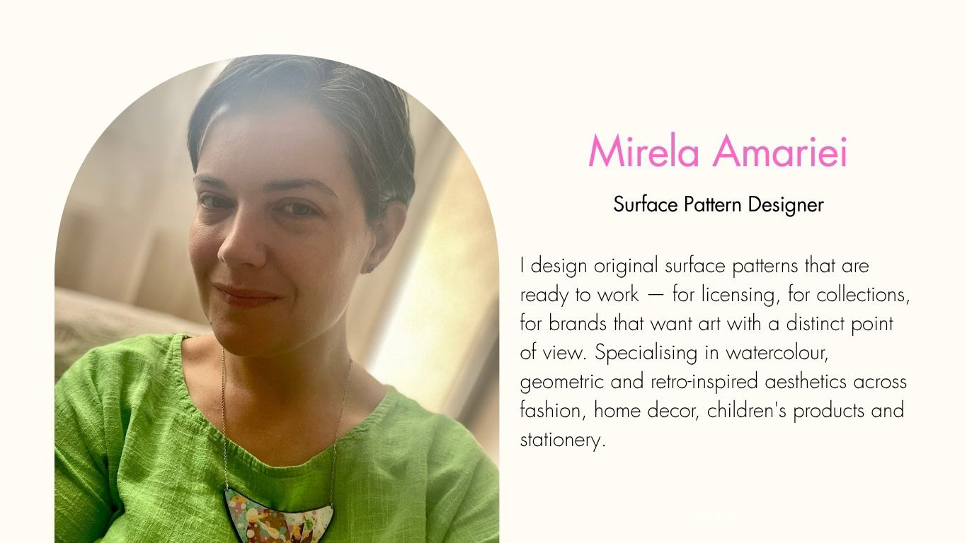 Mirela Amariei is a surface pattern designers specialising in watercolour,  geometric and retro-inspired aesthetics across multiple industries.