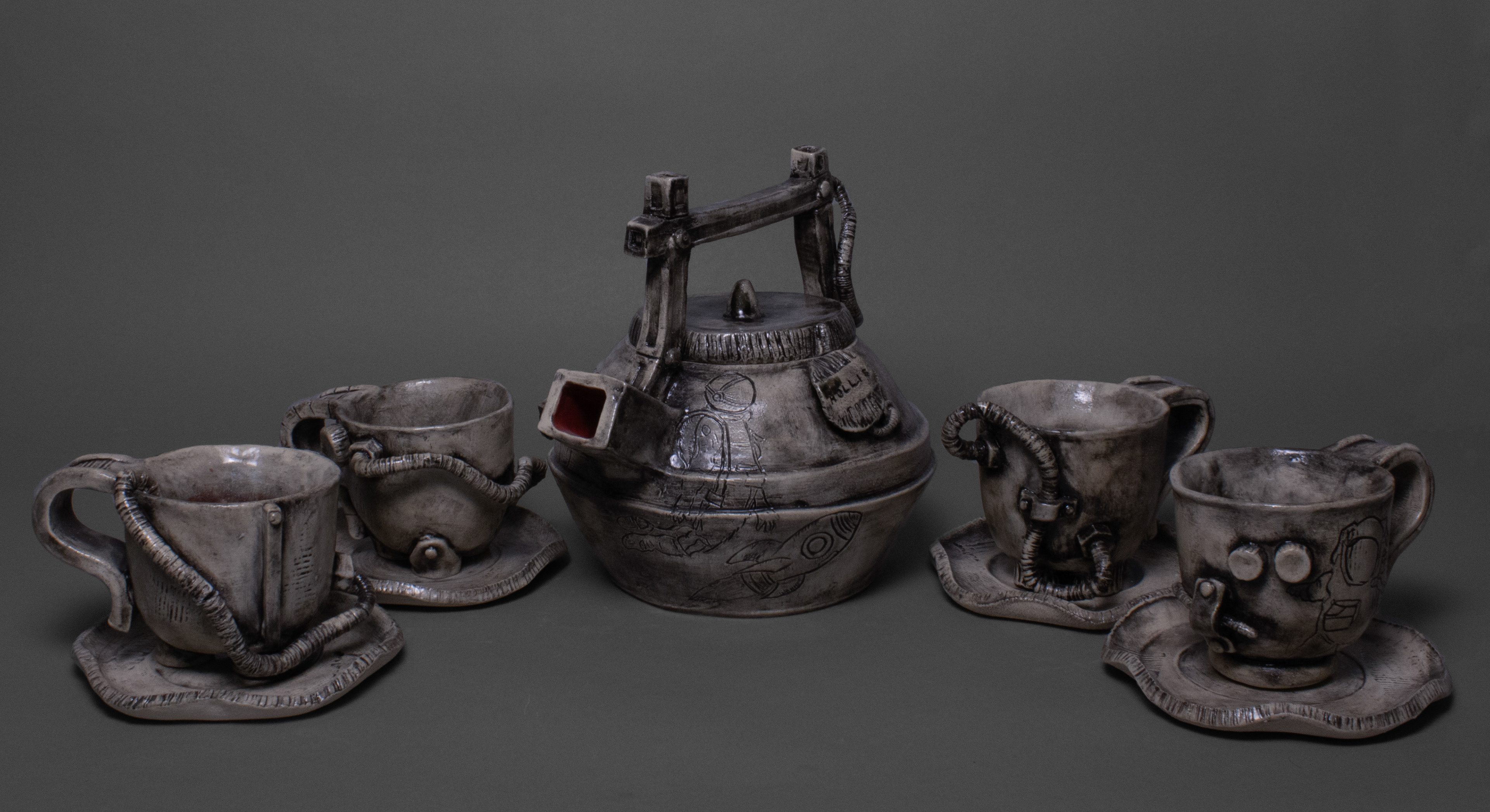 Pot: 8" x 7 1/2" x 8 11/16" saucers: 1/2" x 5 1/4" x 5 1/4" Cups: Approx. 3-3 1/2" x  3 1/4-3 7/8"  x  4 1/2-5 3/8" 