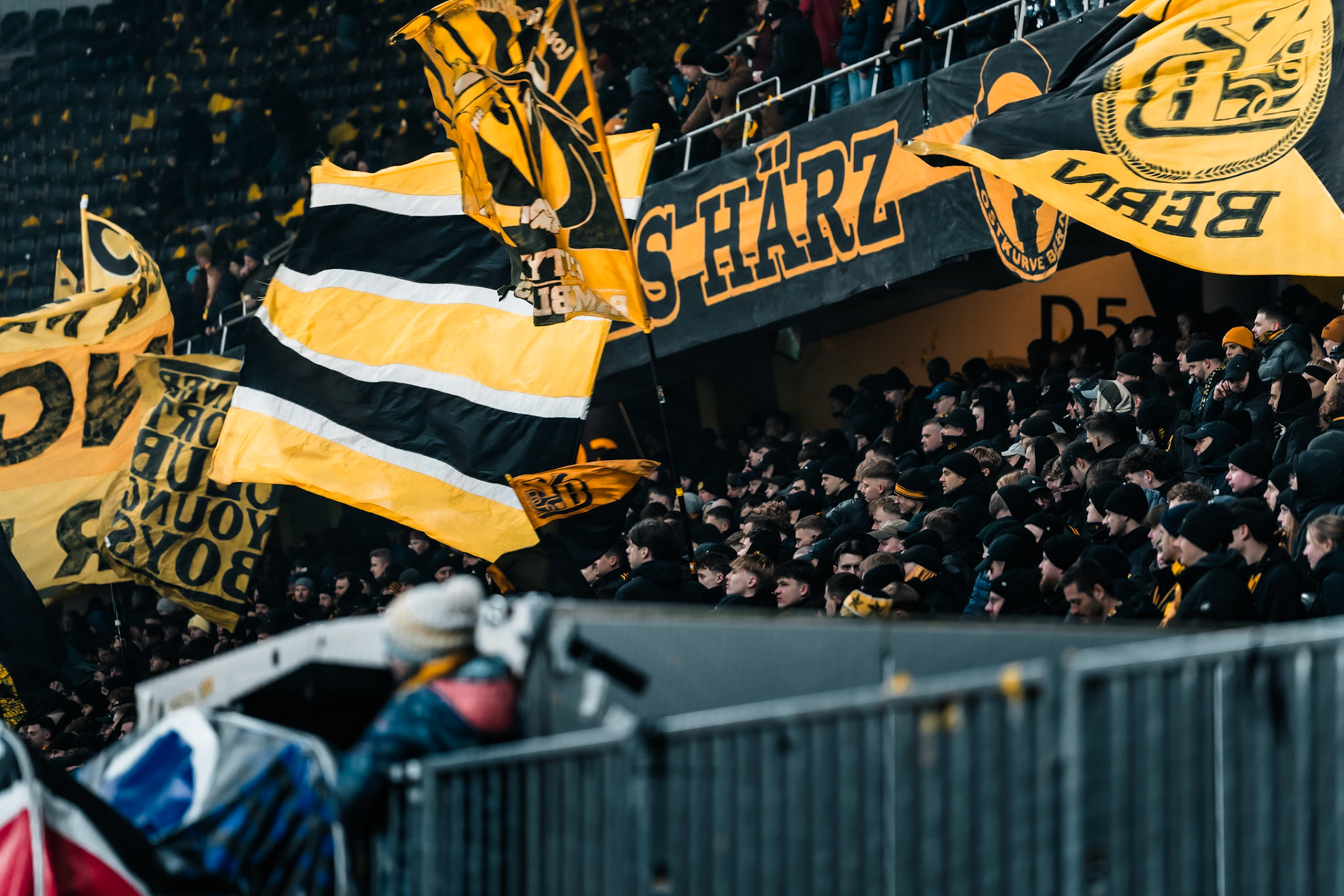 Spectateurs avec drapeaux ou accessoires lors du match entre BSC Young Boys et FC Winterthur au Stadion Wankdorf. (Christian António/LibsVisuals.com)