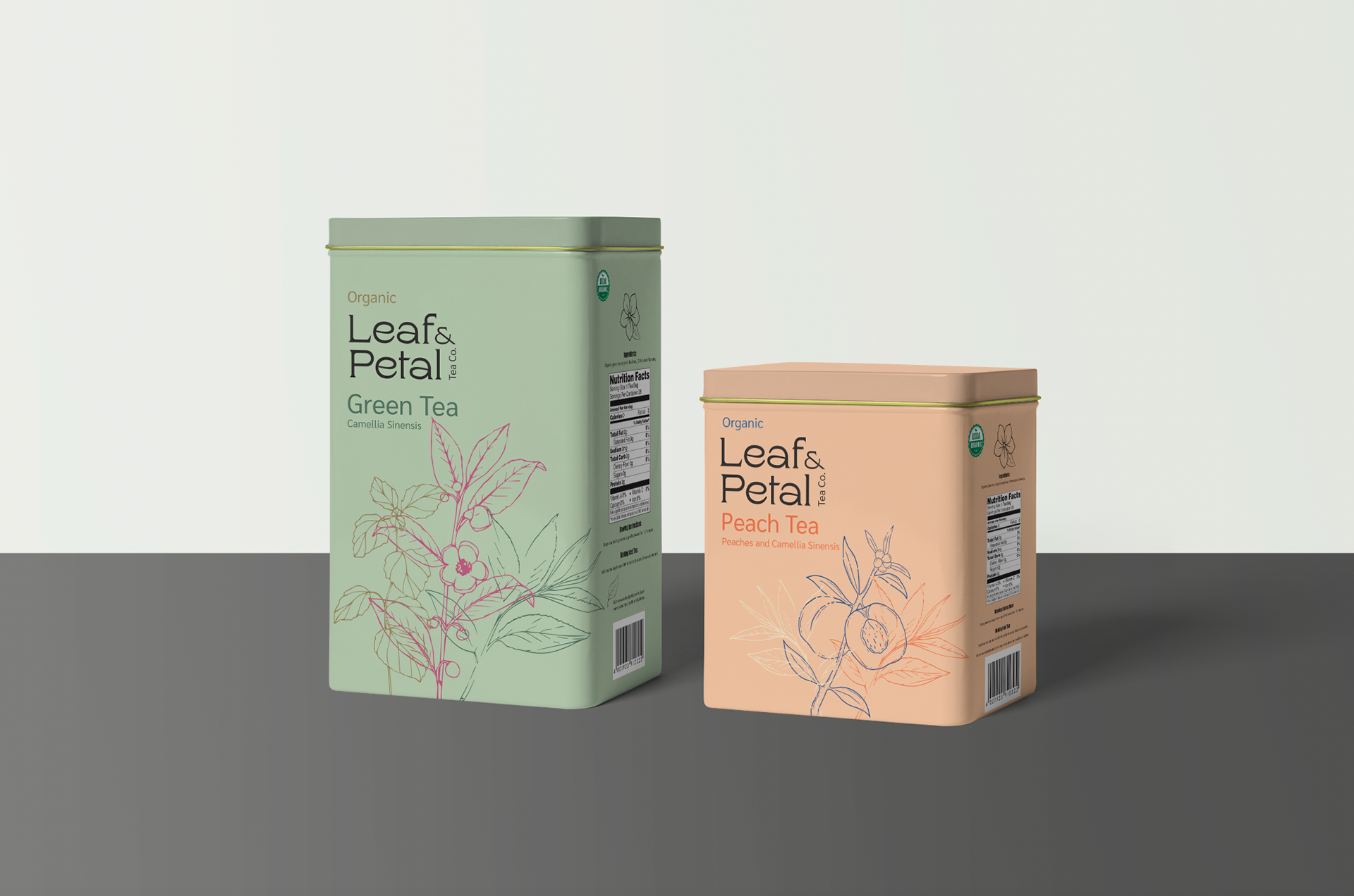 Tall Green Tea with Short Peach Tea Tins