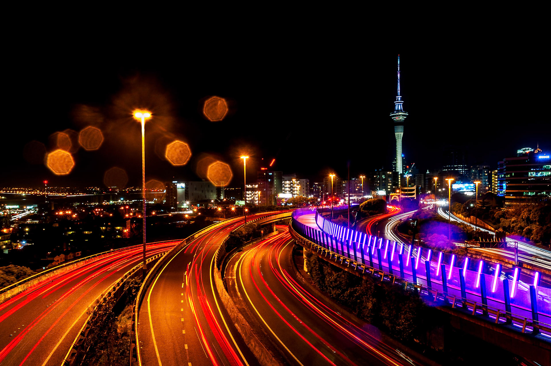 Light trails Auckland motorway, New Zealand