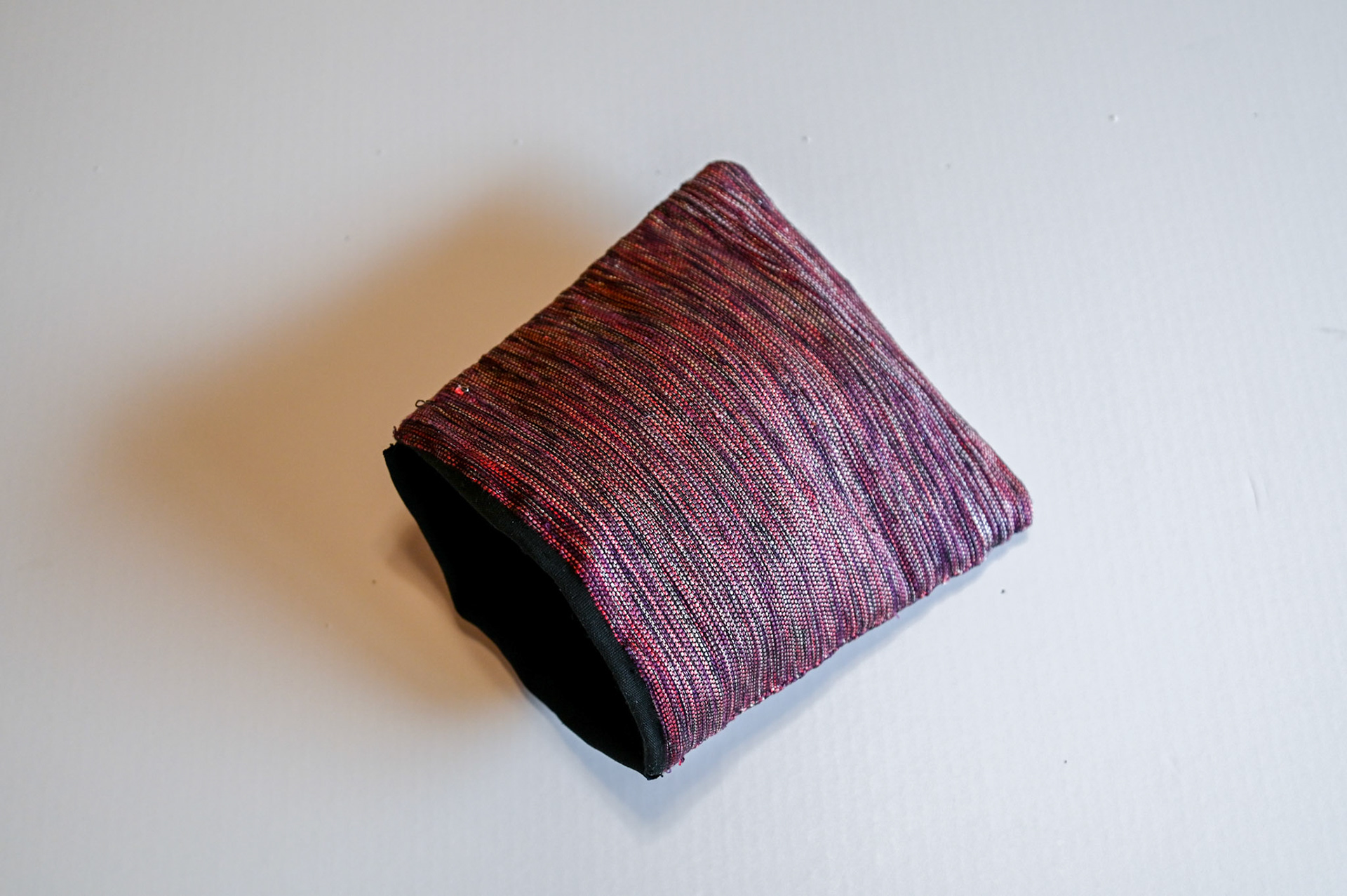 Cherry Tree Pouch, 2026, silk (dyed with cherry blossom bark & dyes), metalic thread