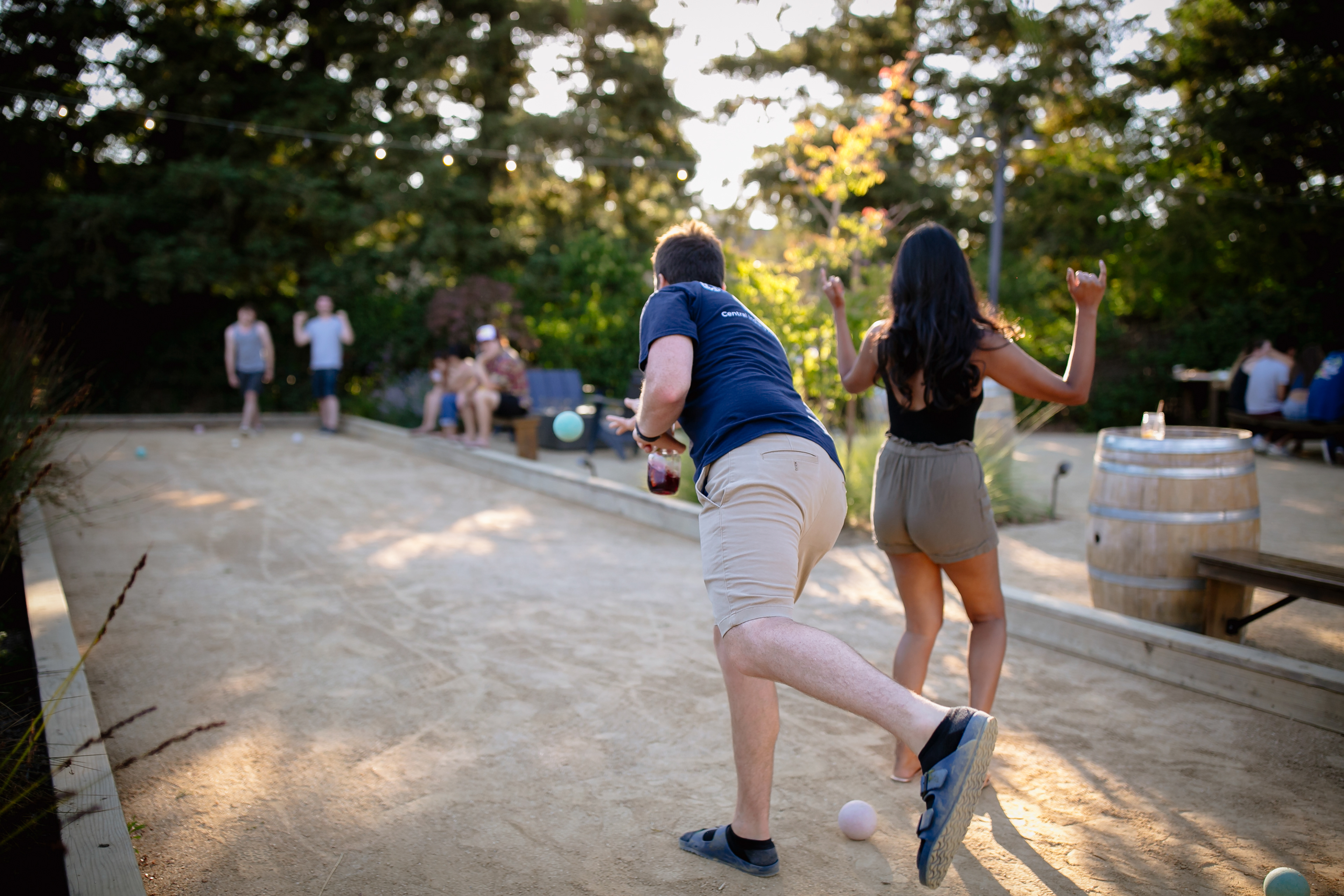 The Backyard features a bocce court, and corn hole.