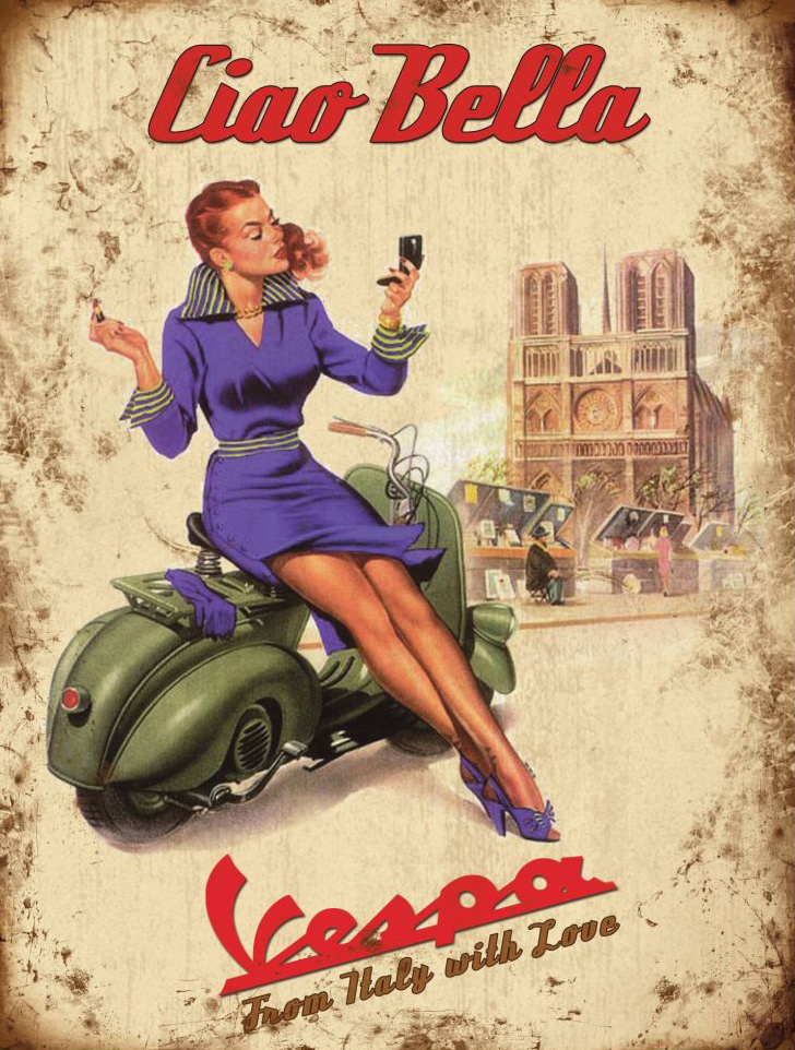 Vintage Vespa poster wall decor.