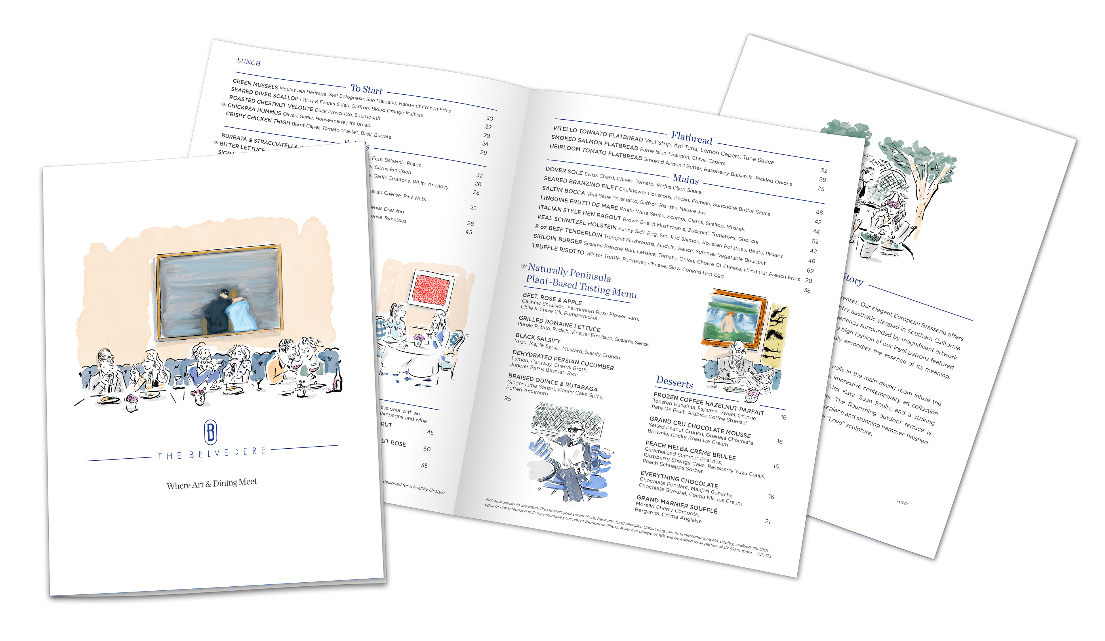 Redesigned dining menus with new illustrations for upscale Belvedere restaurant.